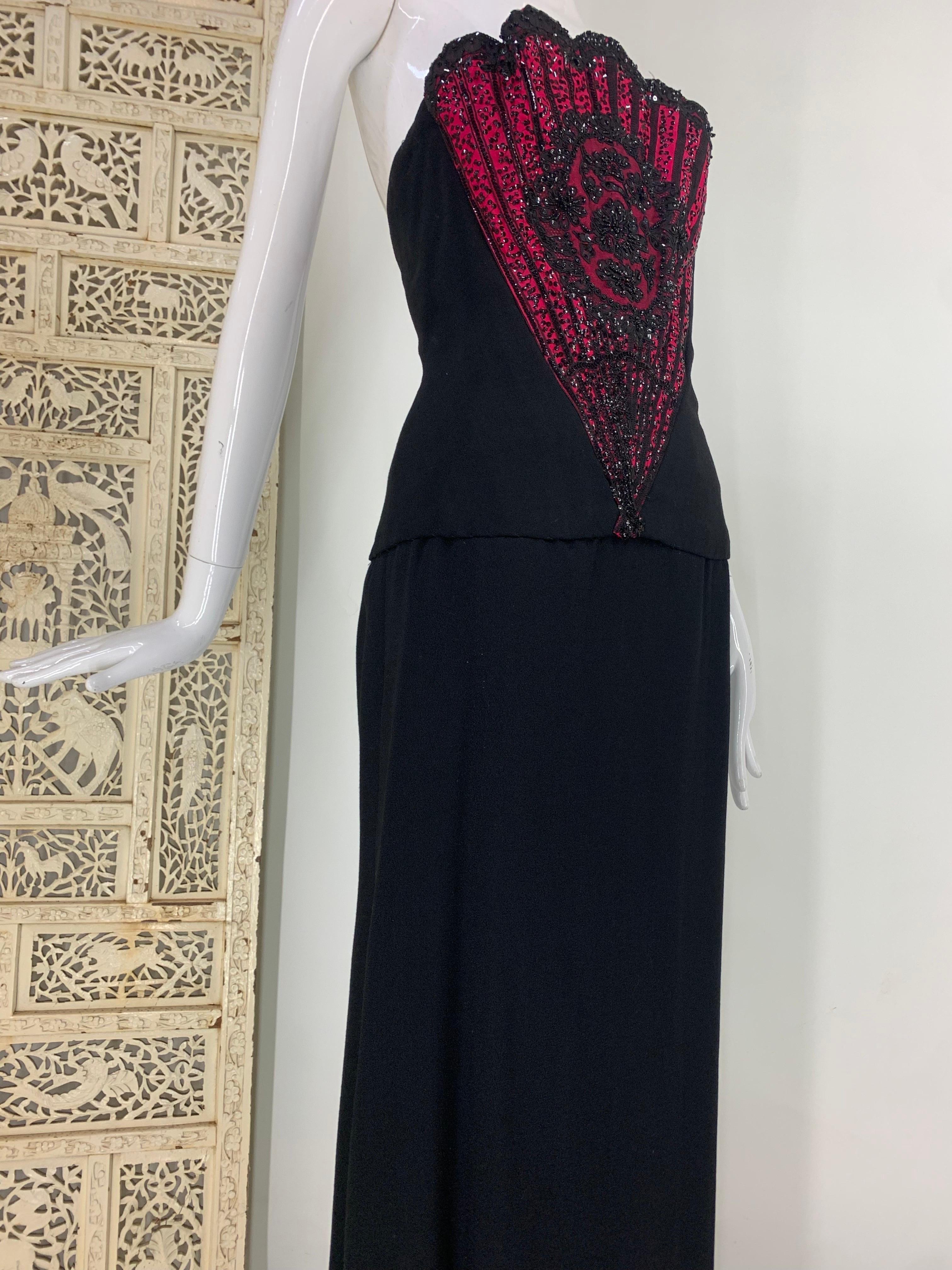 1960s George Halley Black Wool Crepe Column Gown w Stunning Beaded Fan Corset  For Sale 4