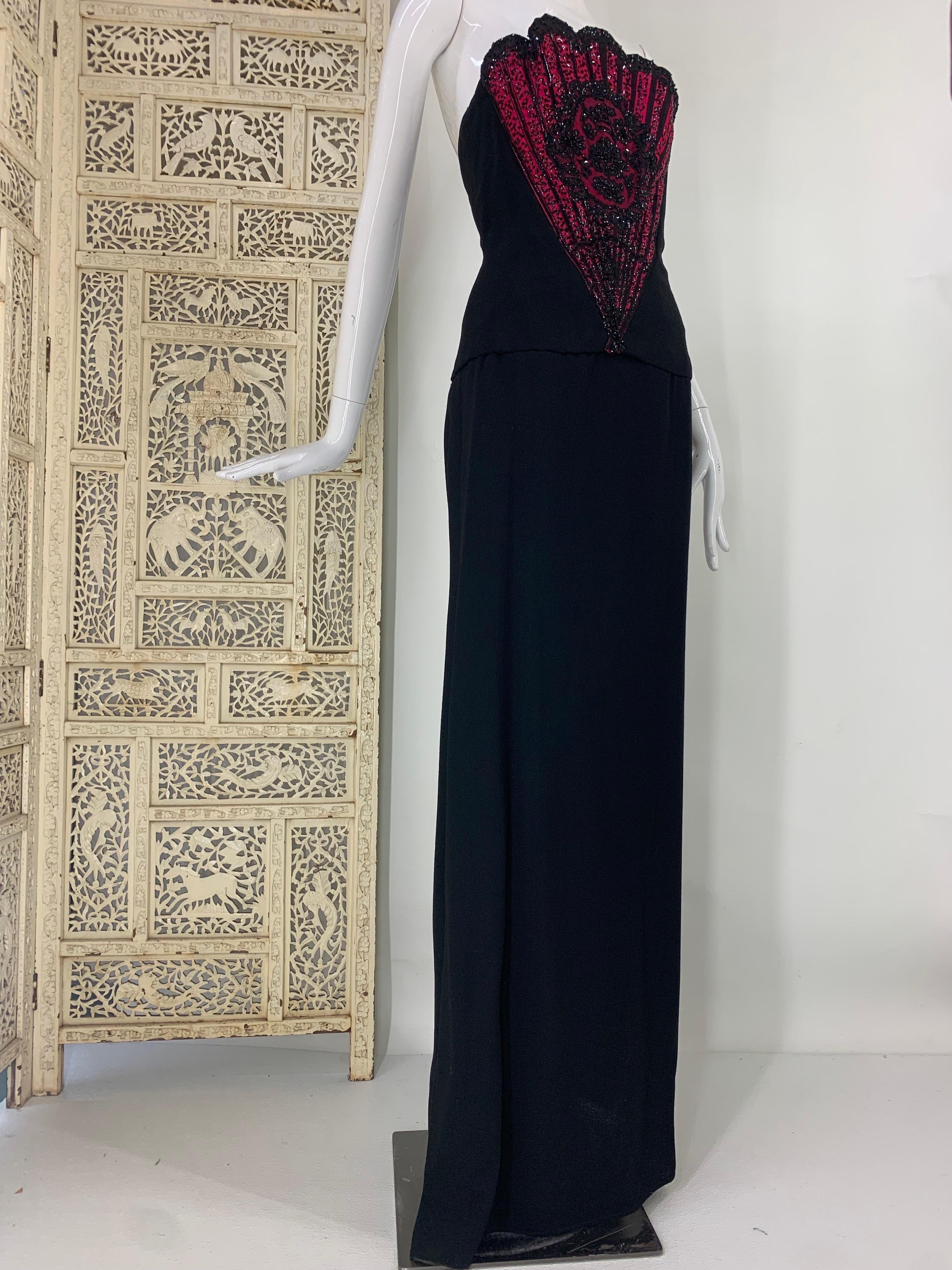1960s George Halley Black Wool Crepe Column Gown w Stunning Beaded Fan Corset  For Sale 5