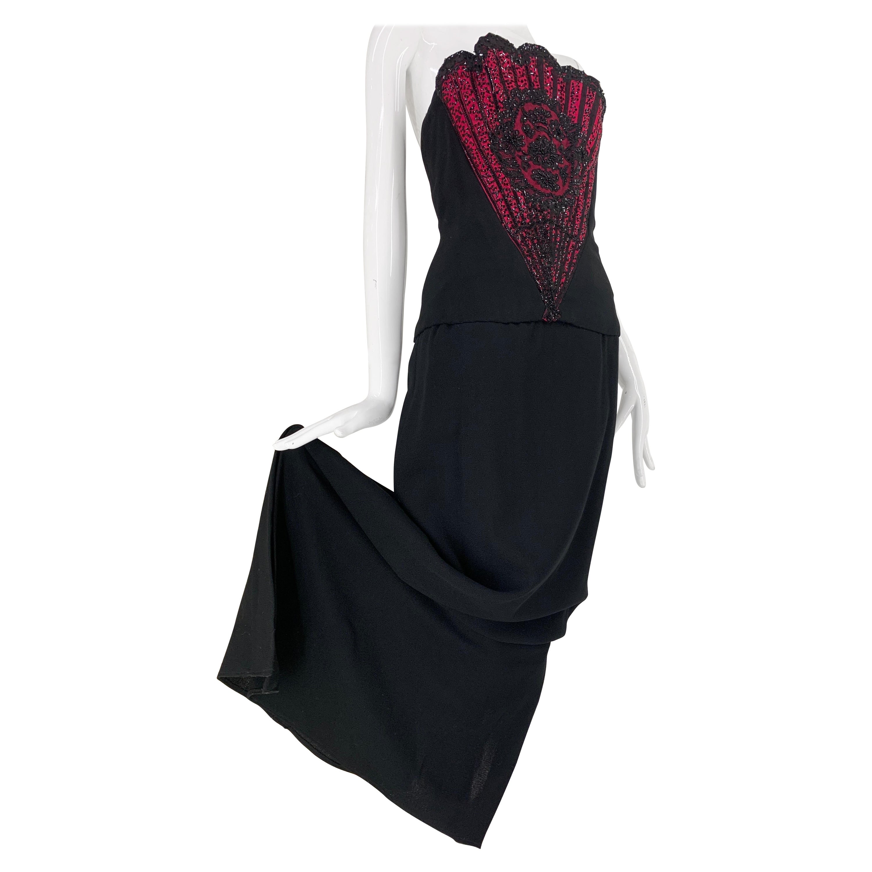 George Halley des années 1960, robe colonne en crêpe de laine noire avec superbe corset éventail perlé