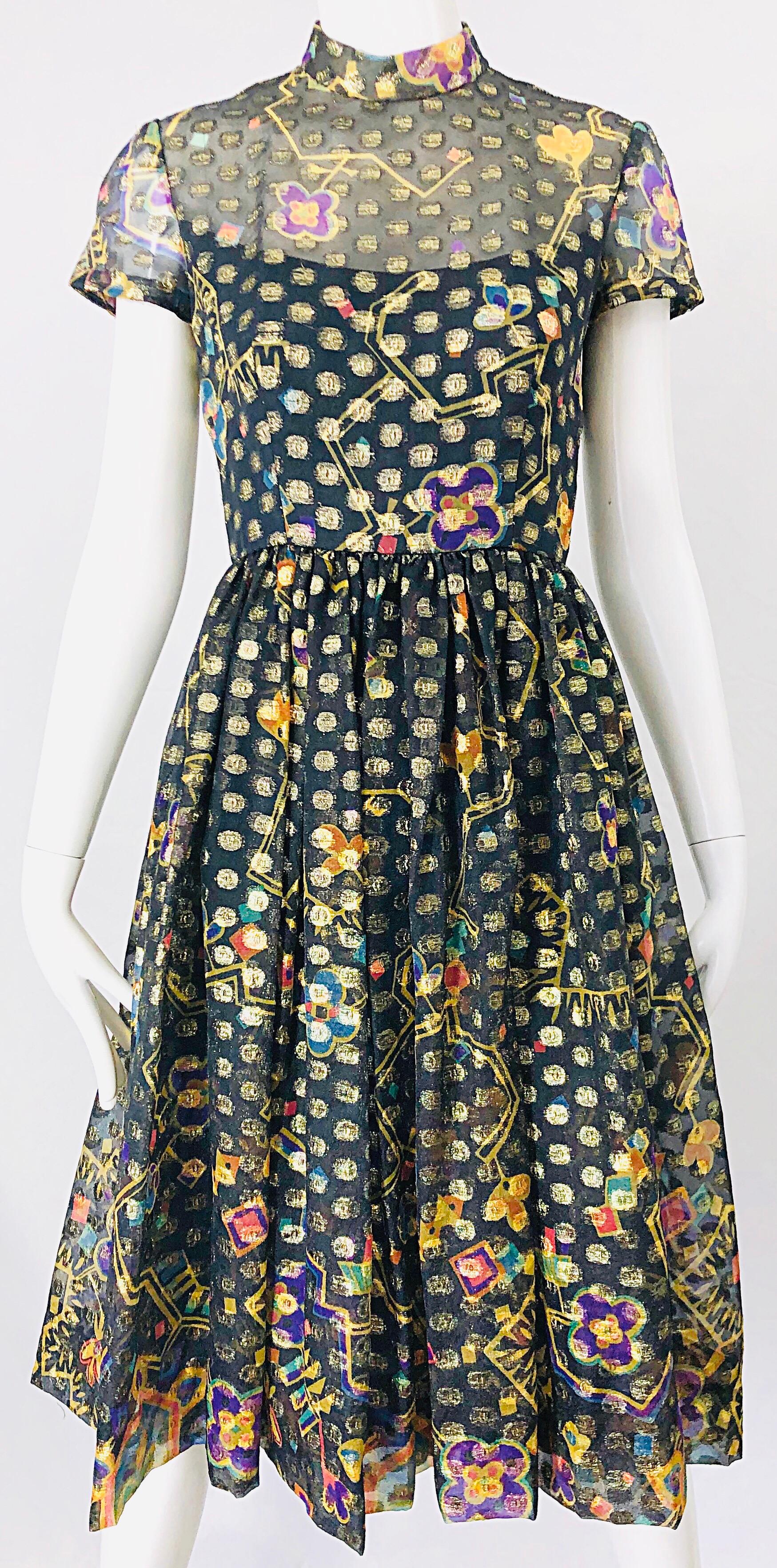 1960s George Halley Silk Chiffon Gold Flower Polka Dot Vintage 60s Dress For Sale 2