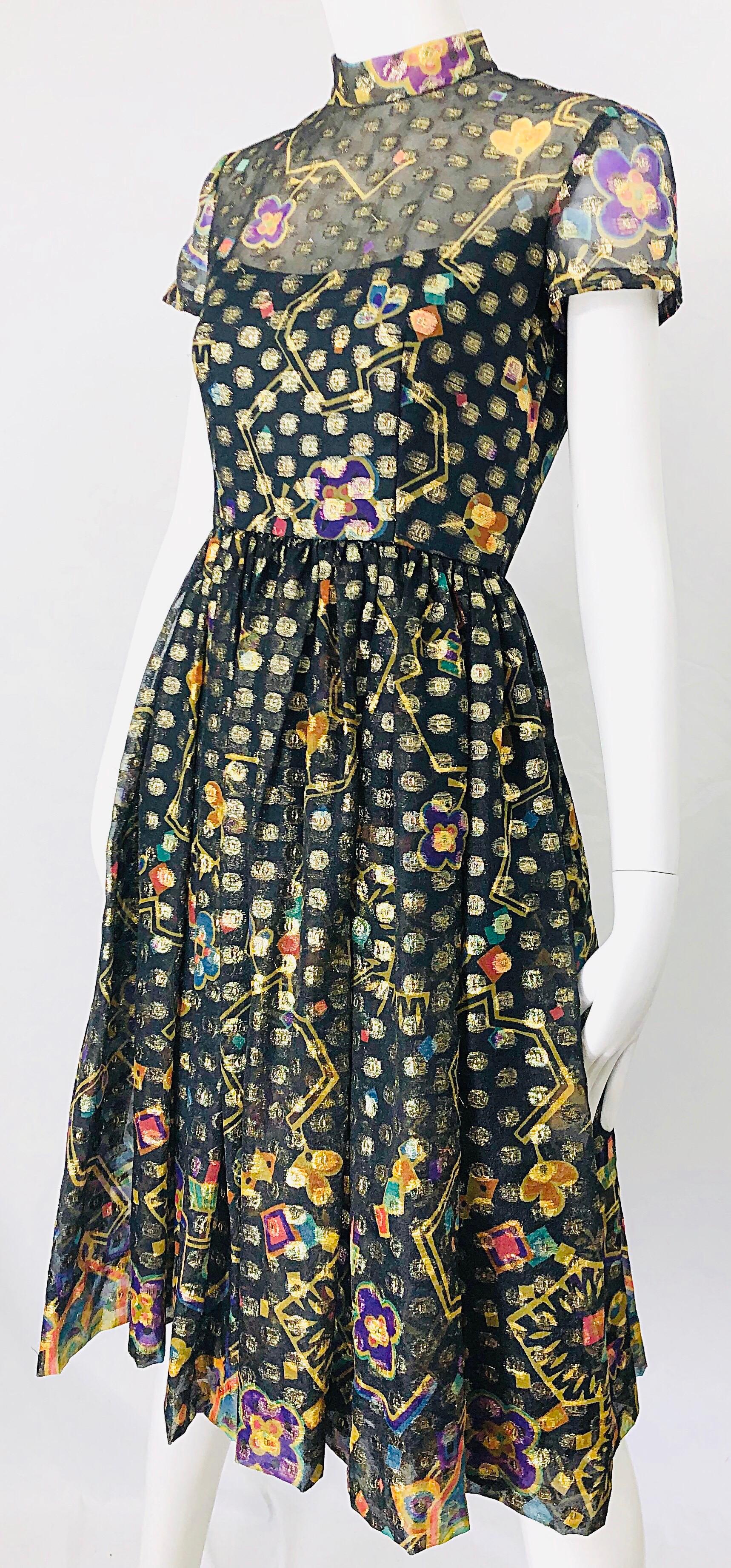 1960er George Halley Seide Chiffon Gold Blume Polka Dot Vintage 60er Jahre Kleid im Angebot 6