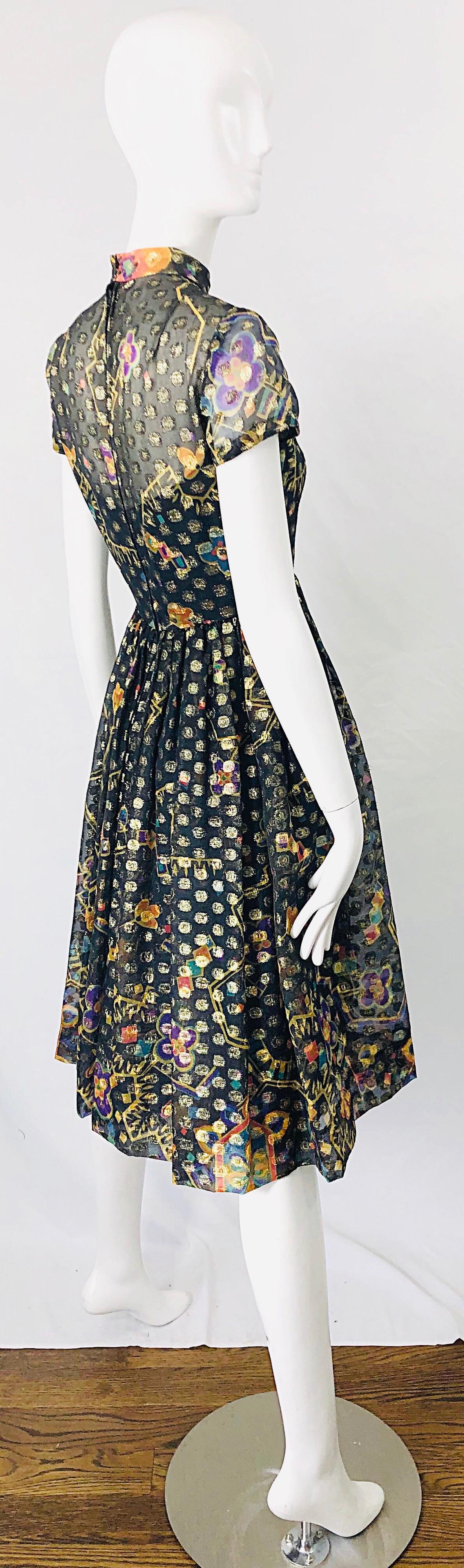 1960s George Halley Silk Chiffon Gold Flower Polka Dot Vintage 60s Dress For Sale 4