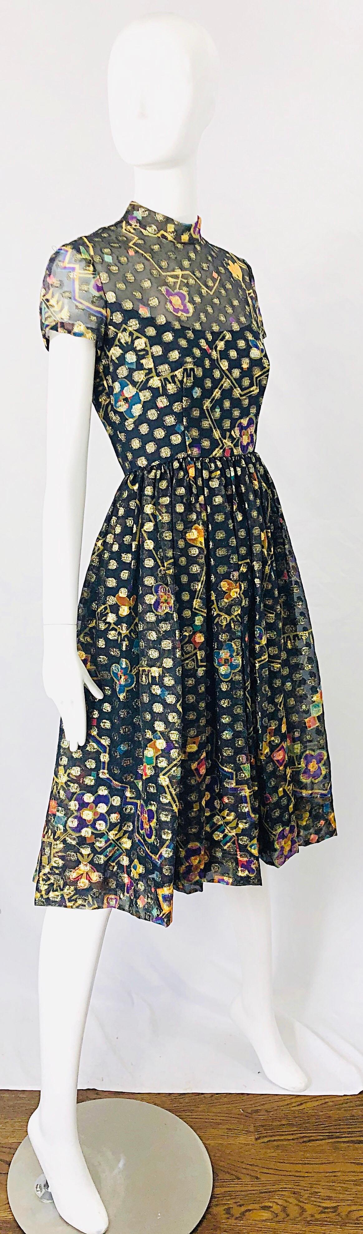 1960s George Halley Silk Chiffon Gold Flower Polka Dot Vintage 60s Dress For Sale 5