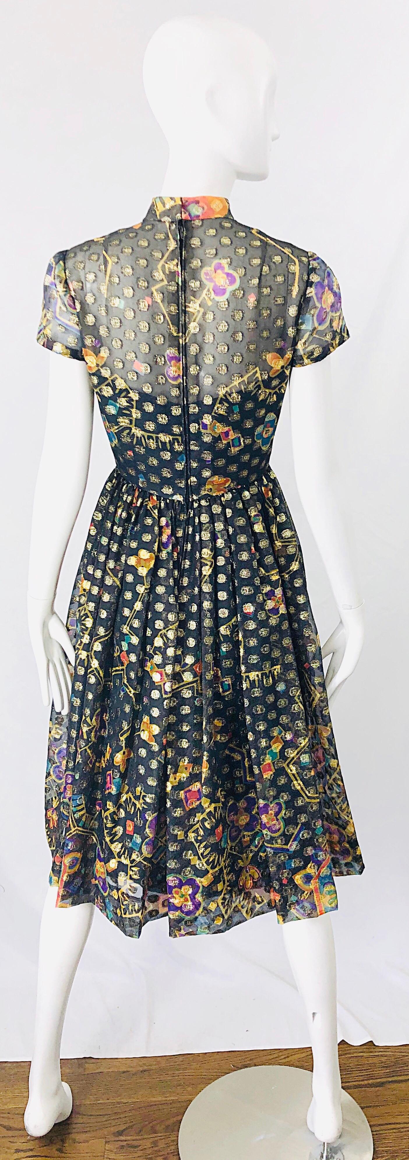 1960s George Halley Silk Chiffon Gold Flower Polka Dot Vintage 60s Dress For Sale 6