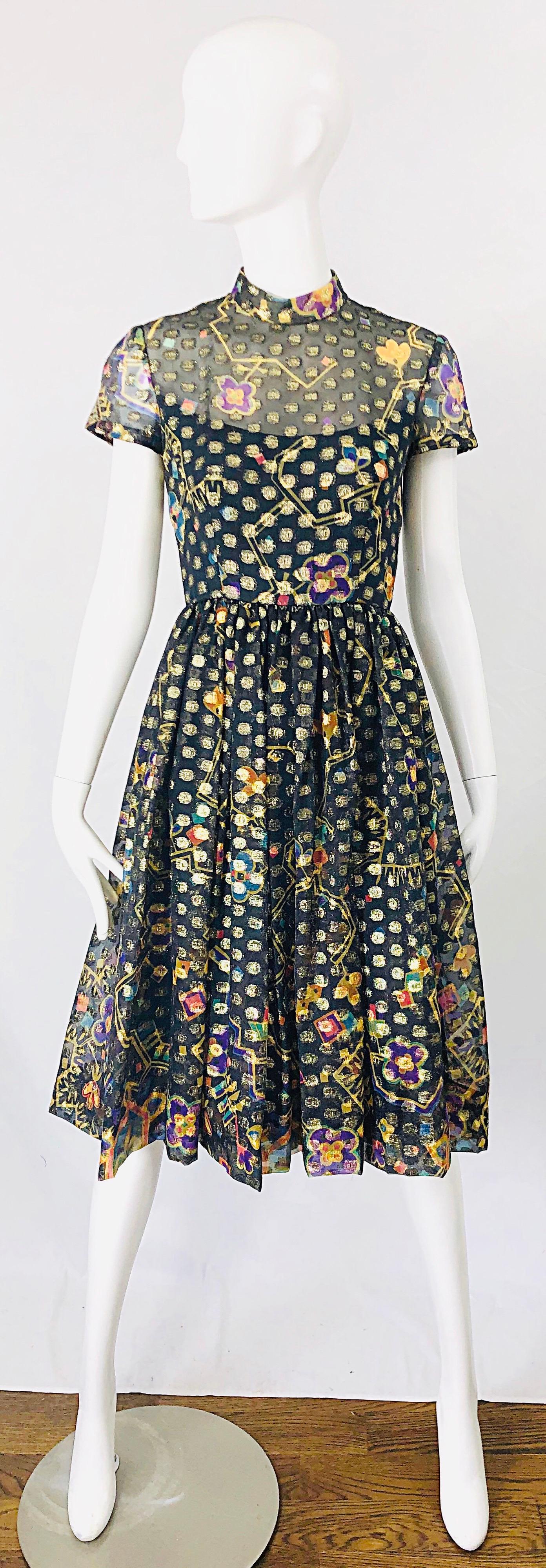 1960s George Halley Silk Chiffon Gold Flower Polka Dot Vintage 60s Dress For Sale 7