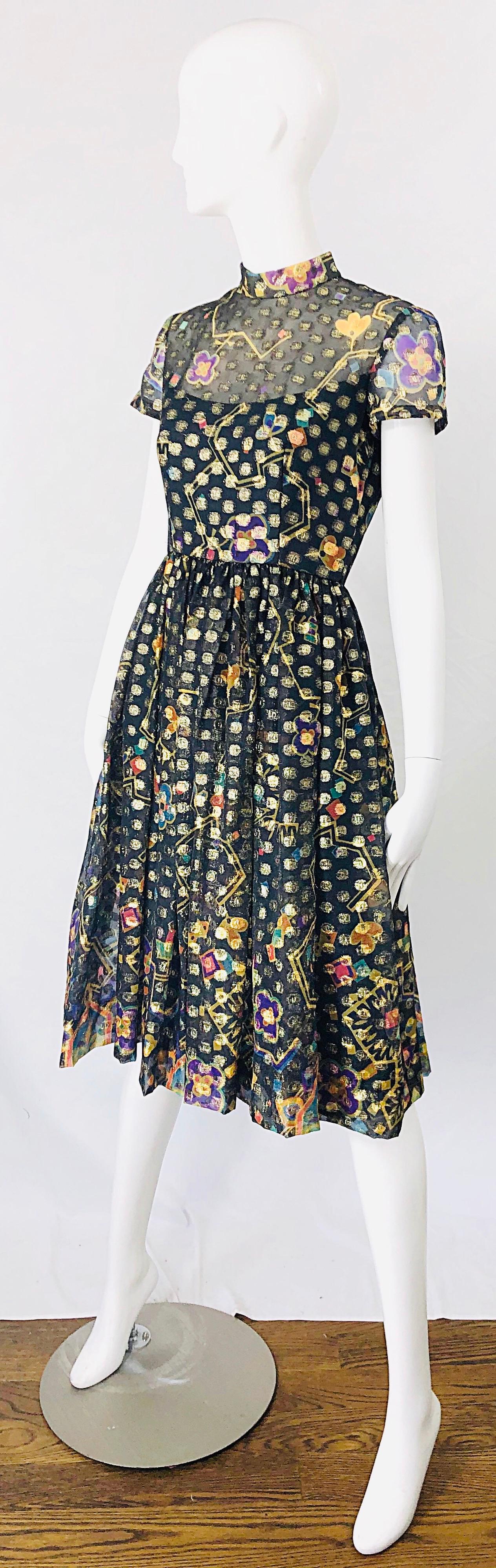 Black 1960s George Halley Silk Chiffon Gold Flower Polka Dot Vintage 60s Dress For Sale