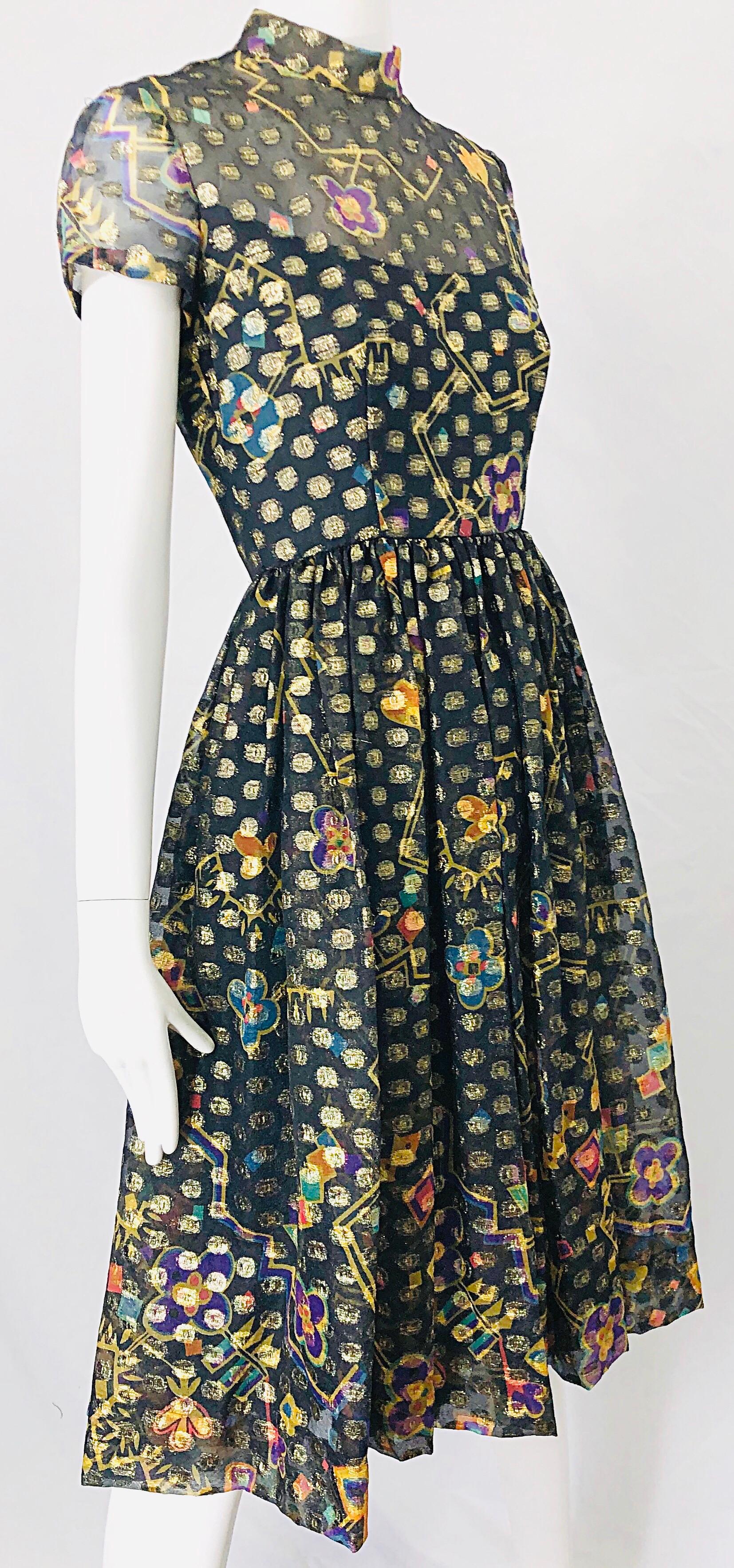 1960s George Halley Silk Chiffon Gold Flower Polka Dot Vintage 60s Dress In Excellent Condition For Sale In San Diego, CA