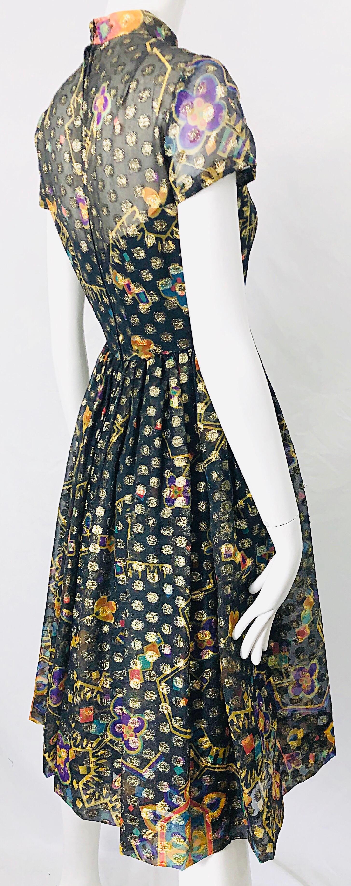 Women's 1960s George Halley Silk Chiffon Gold Flower Polka Dot Vintage 60s Dress For Sale