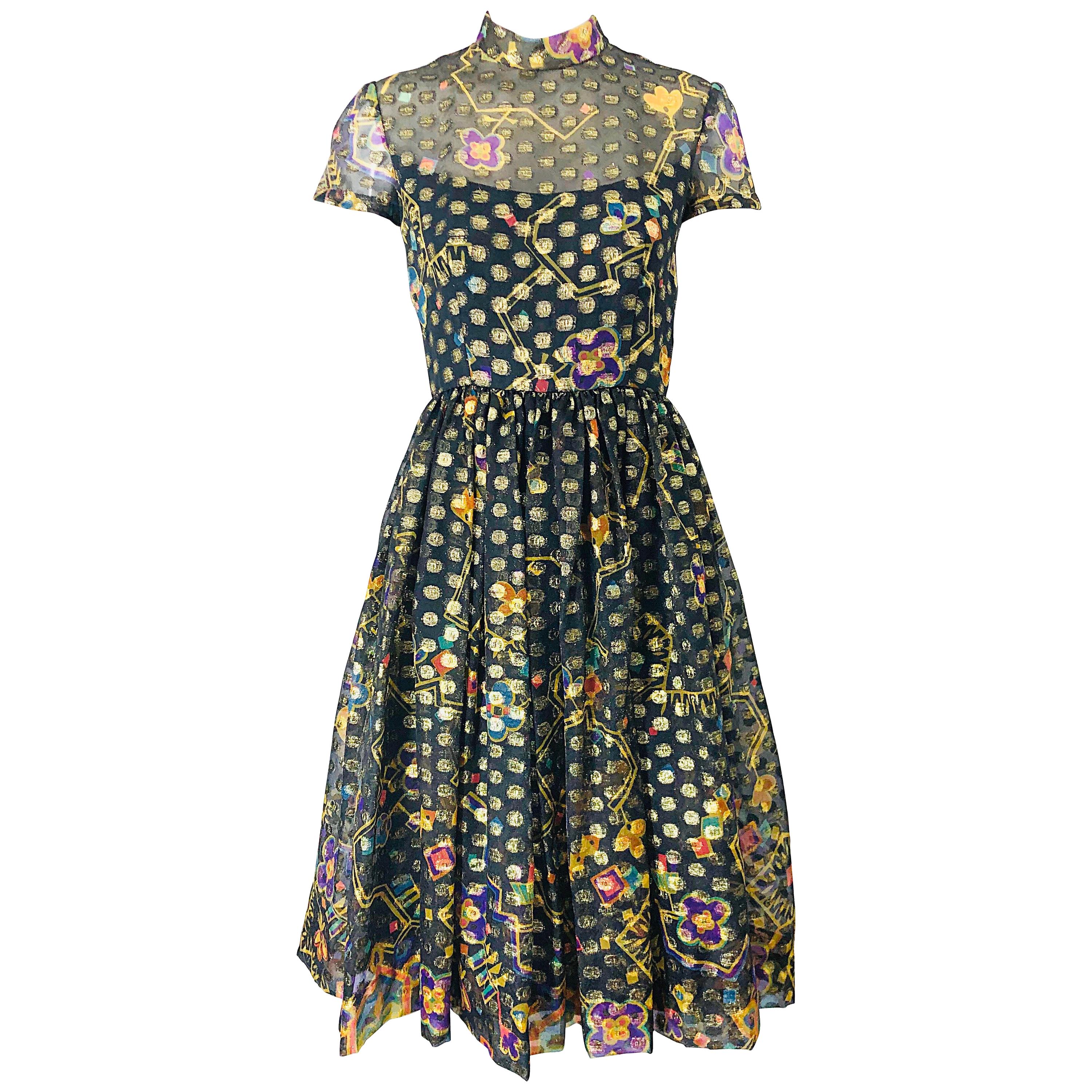 1960s George Halley Silk Chiffon Gold Flower Polka Dot Vintage 60s Dress