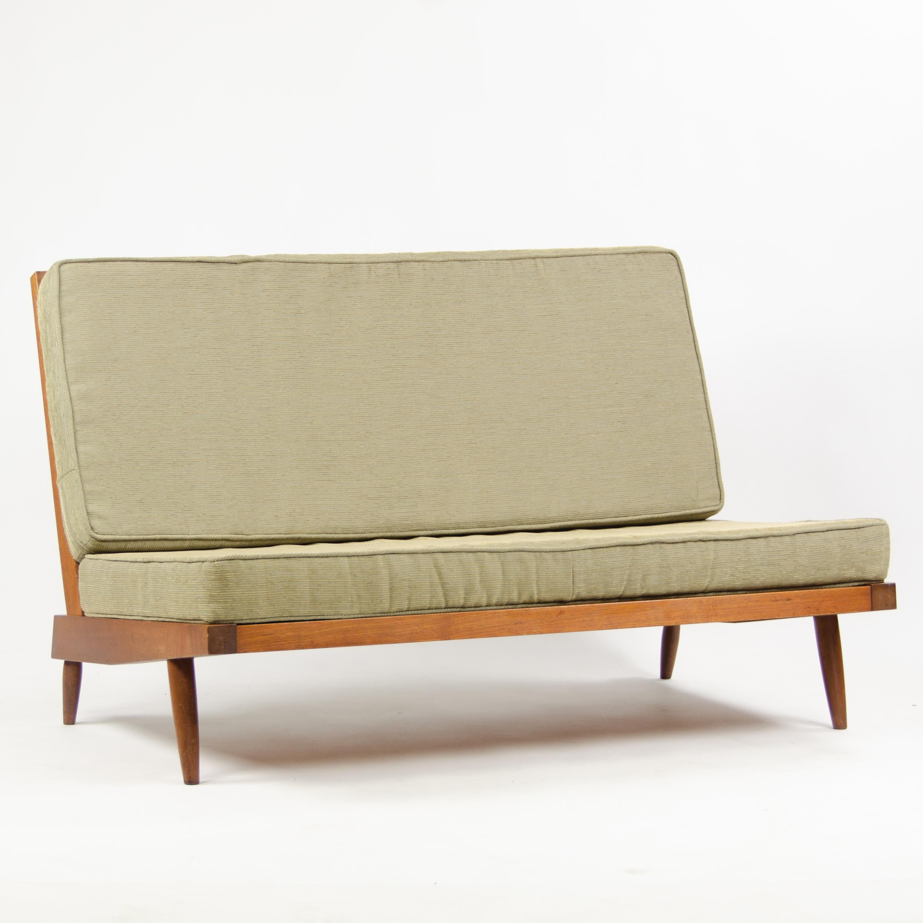 1960s George Nakashima Studio American Walnut Settee / Loveseat in Green Fabric For Sale 2