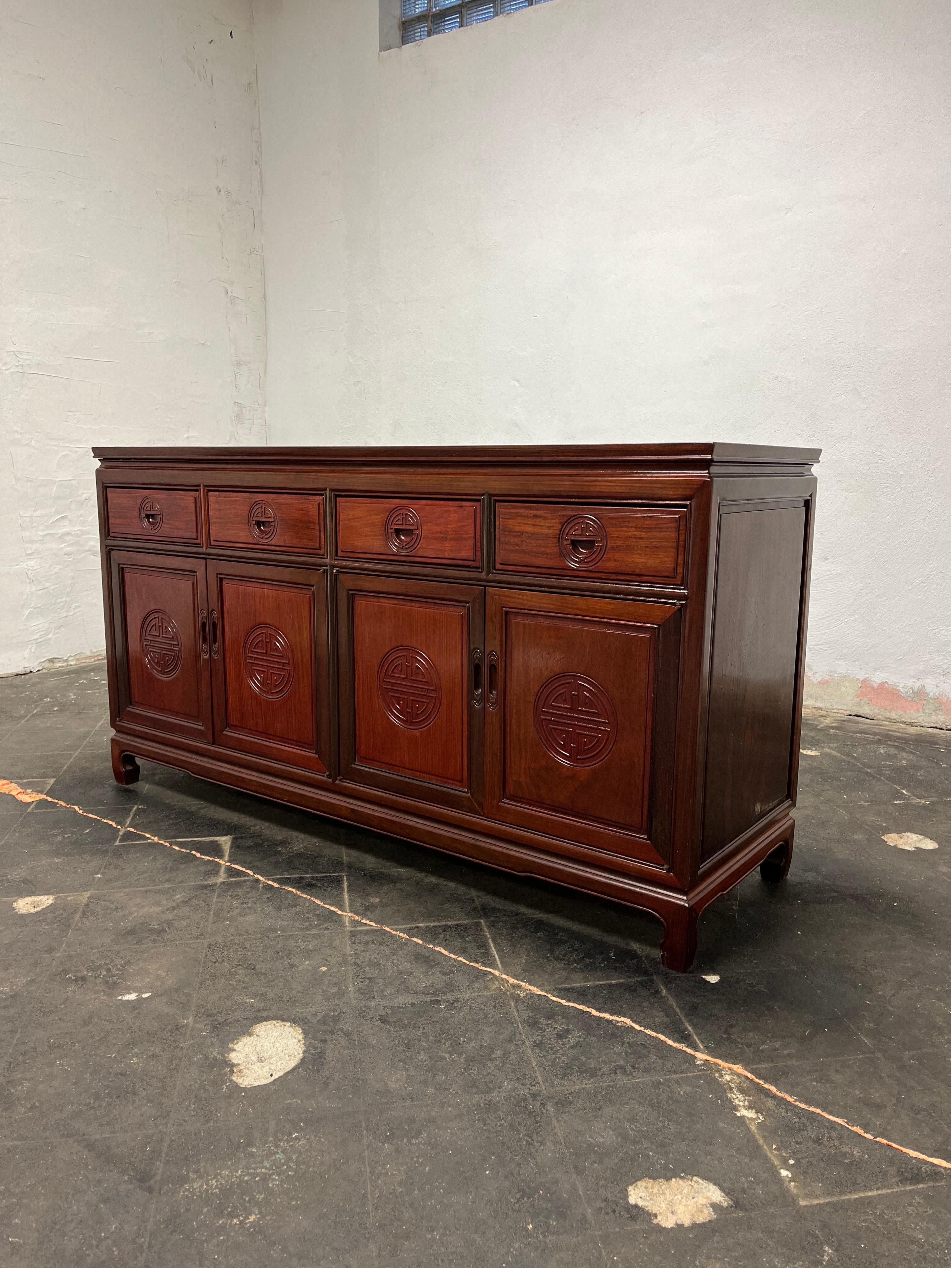 Ming 1960s George Zee Rosewood Chinoiserie Buffet Credenza For Sale