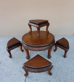1960s George Zee Round Asian Tea Table With 4 Matching Nesting Stools NO LABEL