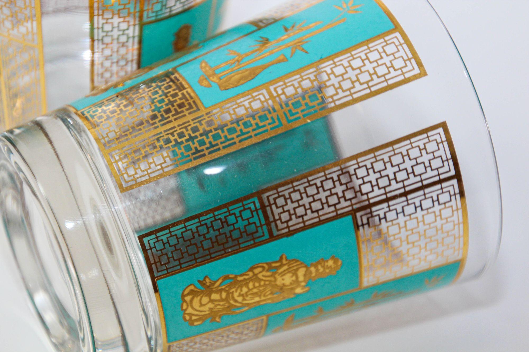 1960s Georges Briard 22 K Gold and Turquoise Asian Shoji Style Cocktail Glasses 3