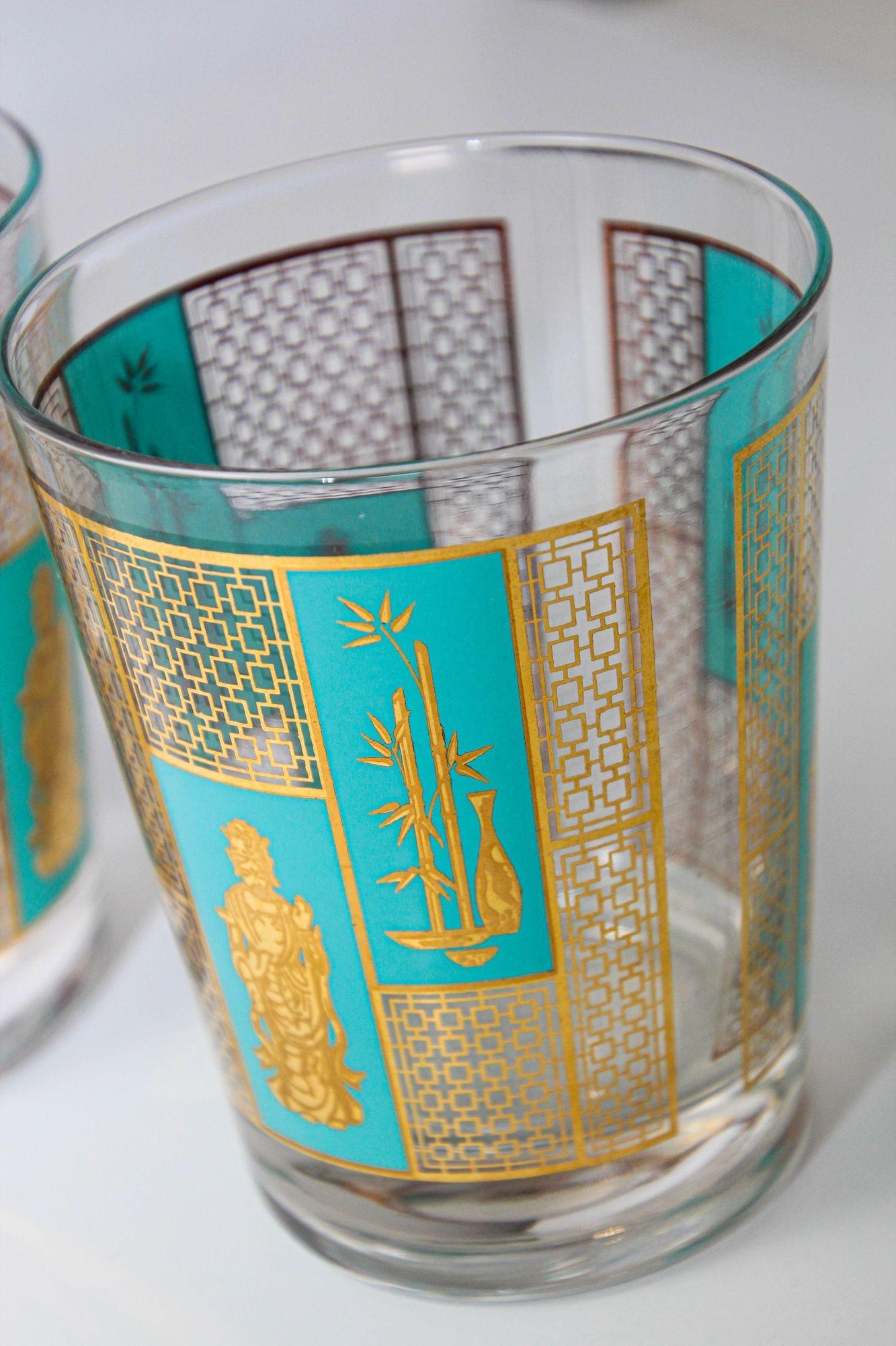 1960s Georges Briard 22 K Gold and Turquoise Asian Shoji Style Cocktail Glasses 4