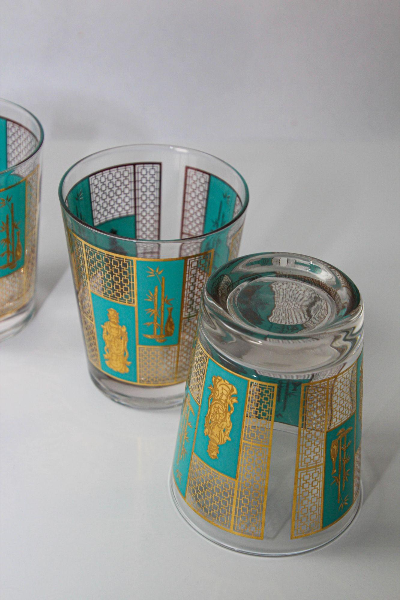 1960s Georges Briard 22 K Gold and Turquoise Asian Shoji Style Cocktail Glasses 6