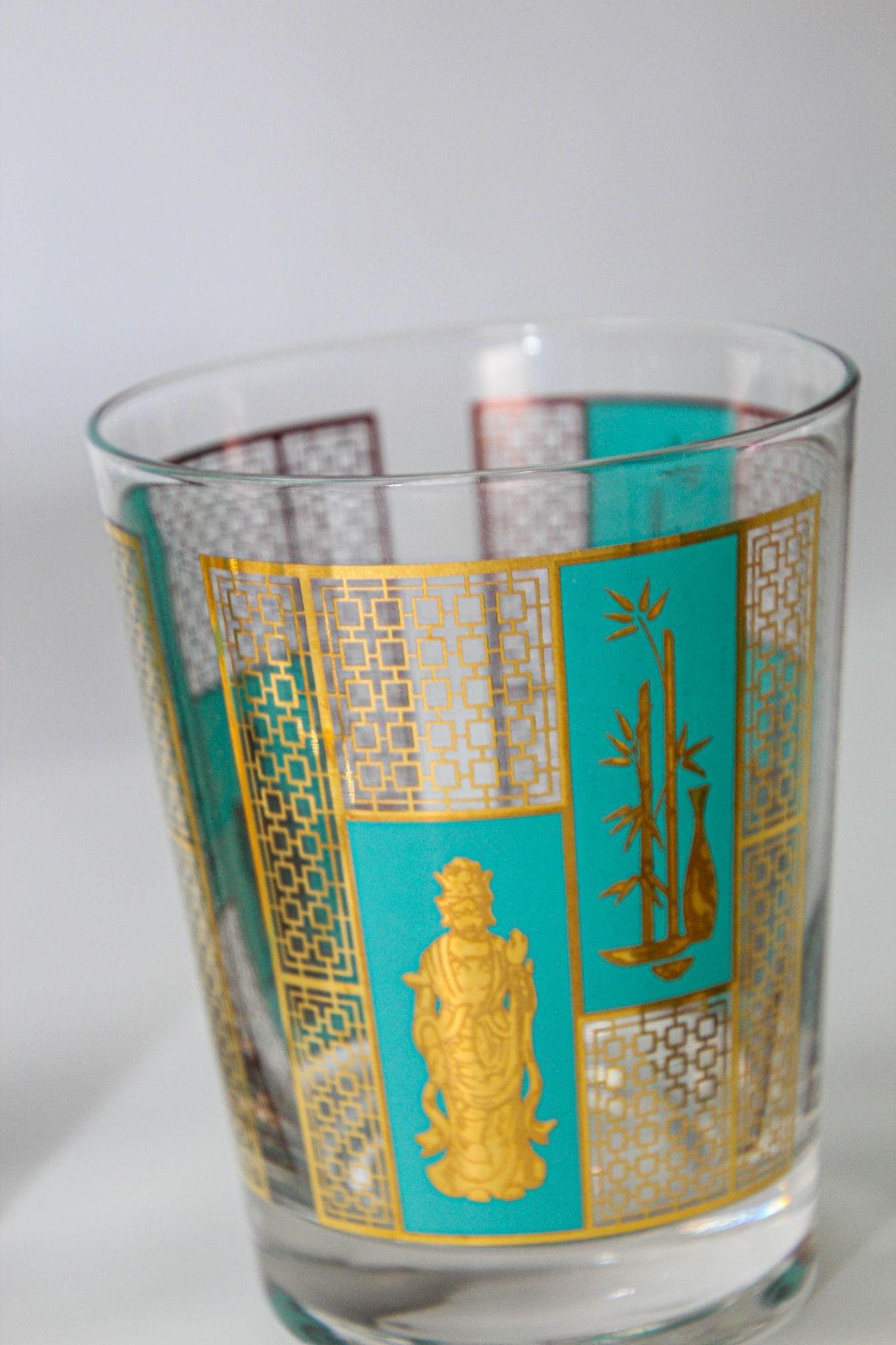 1960s Georges Briard 22 K Gold and Turquoise Asian Shoji Style Cocktail Glasses 7