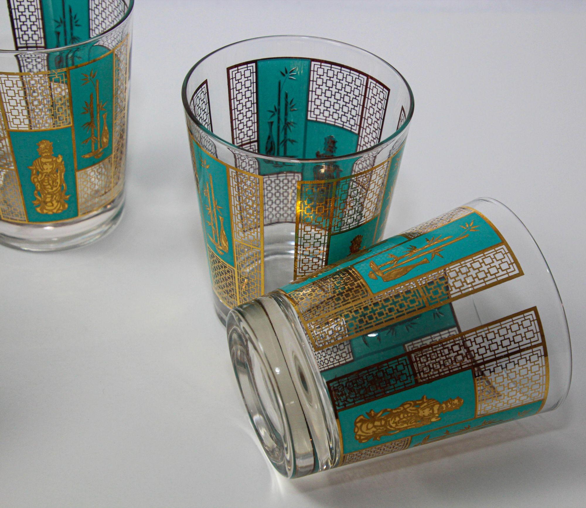 1960s Georges Briard 22 K Gold and Turquoise Asian Shoji Style Cocktail Glasses 8