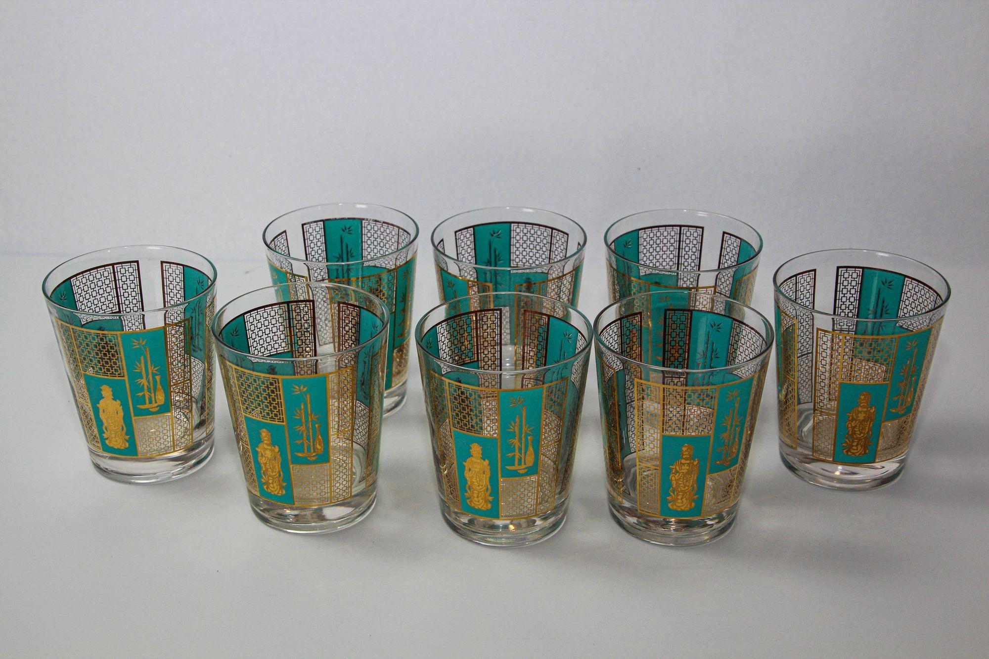 1960s Georges Briard 22 K Gold and Turquoise Asian Shoji Style Cocktail Glasses 9