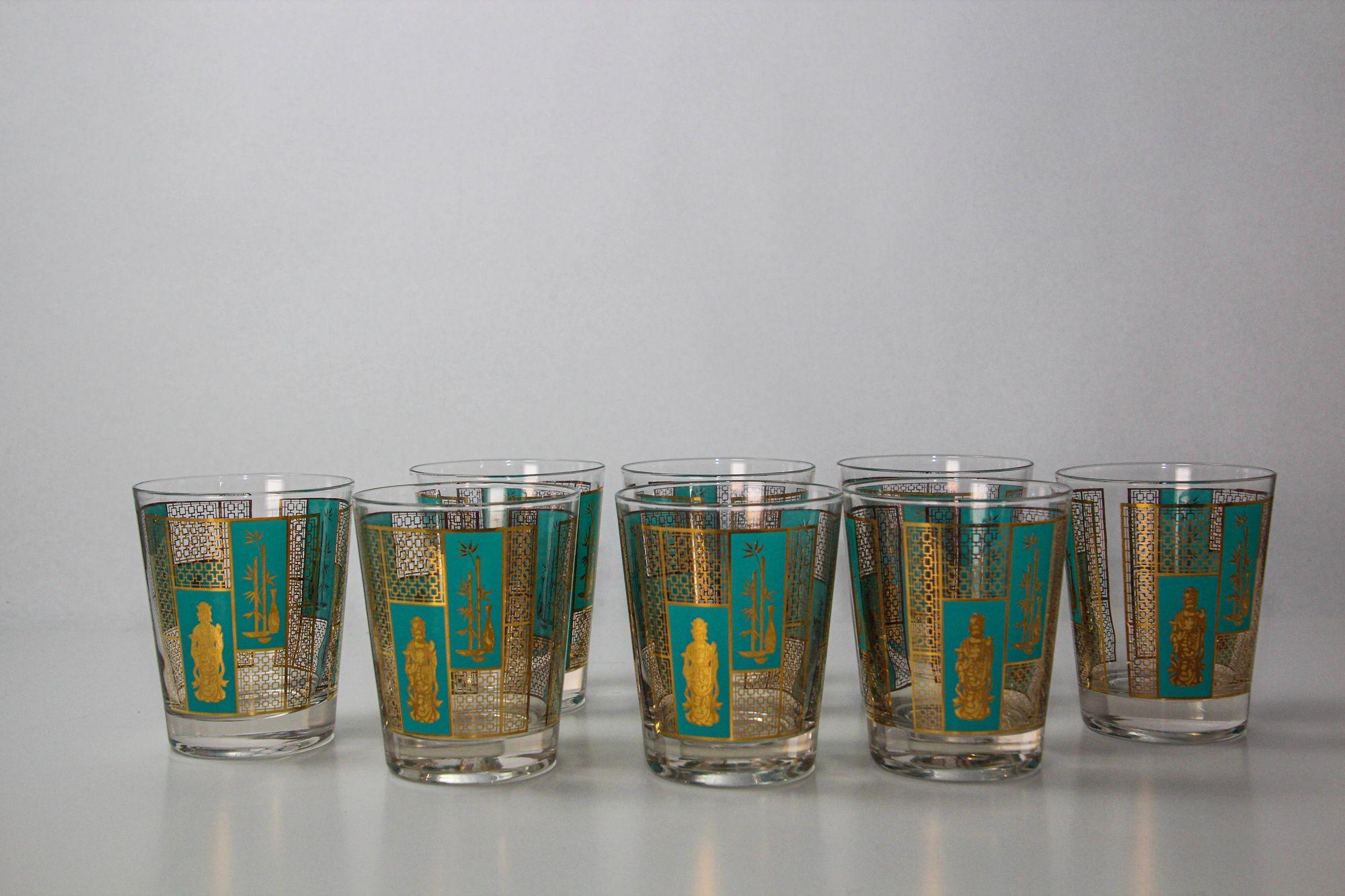 1960s Georges Briard 22 K Gold and Turquoise Asian Shoji Style Cocktail Glasses 10
