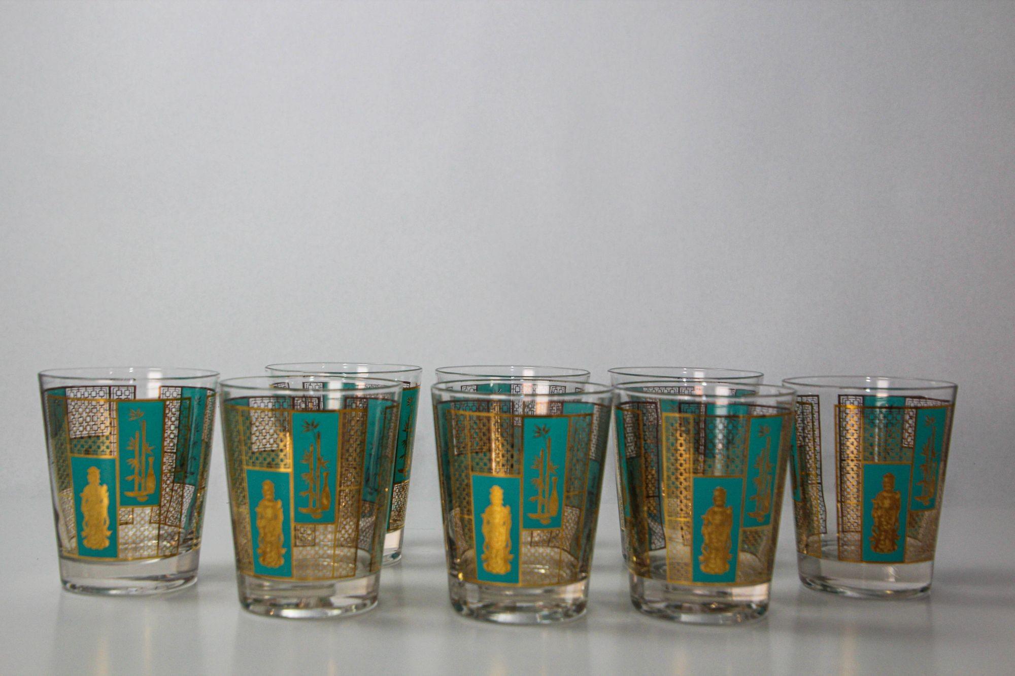 1960s Georges Briard 22 K Gold and Turquoise Asian Shoji Style Cocktail Glasses 11