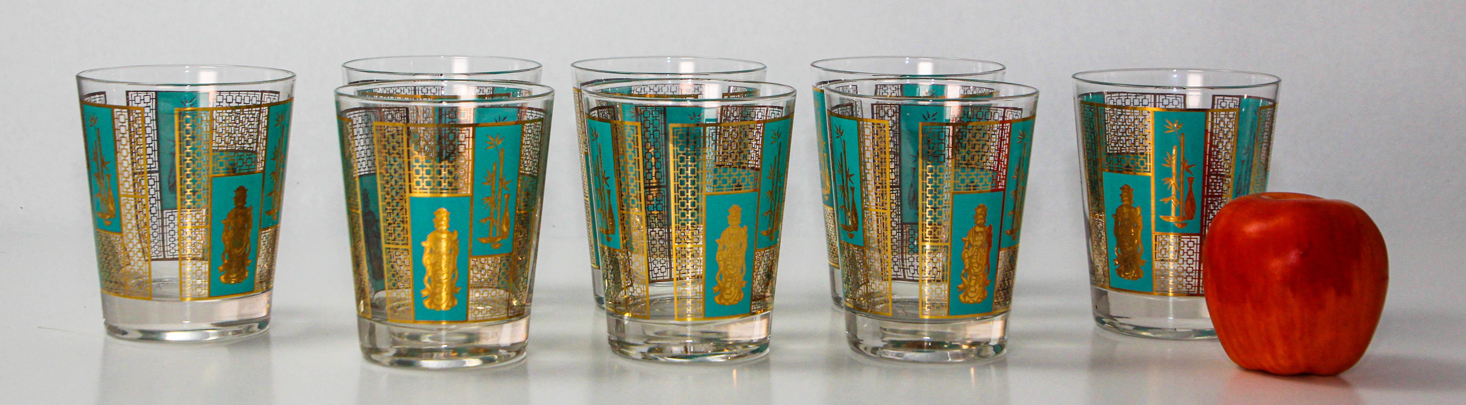 Hollywood Regency 1960s Georges Briard 22 K Gold and Turquoise Asian Shoji Style Cocktail Glasses