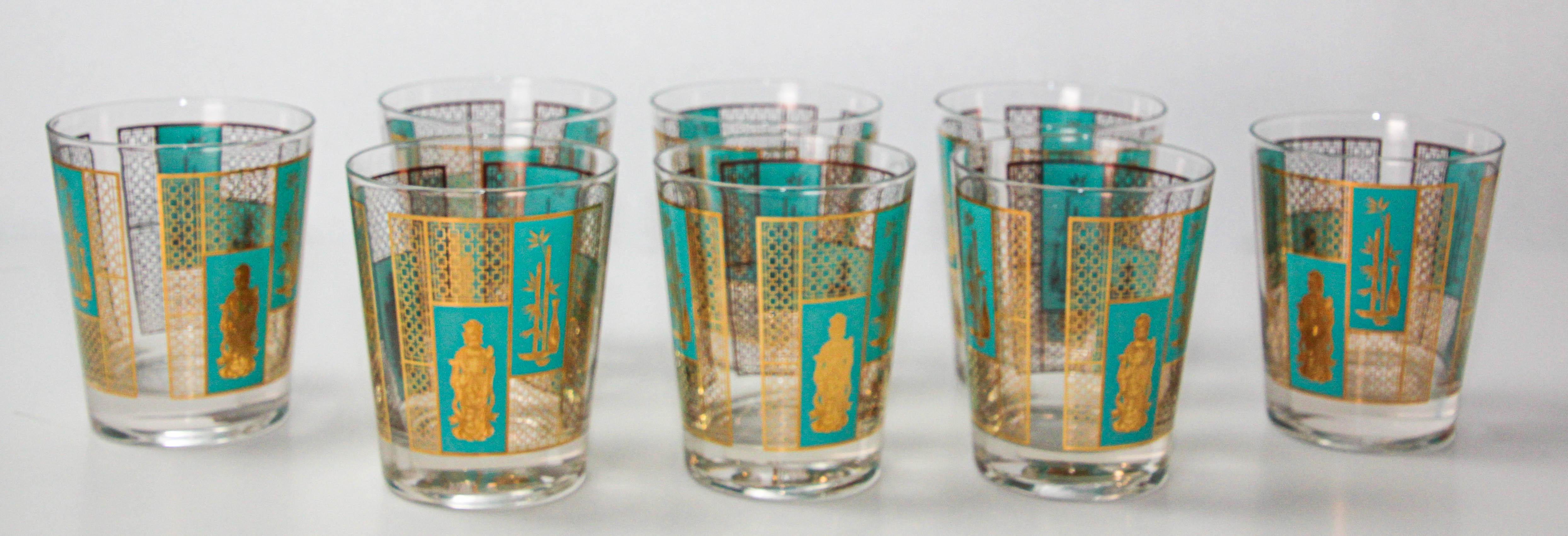 American 1960s Georges Briard 22 K Gold and Turquoise Asian Shoji Style Cocktail Glasses