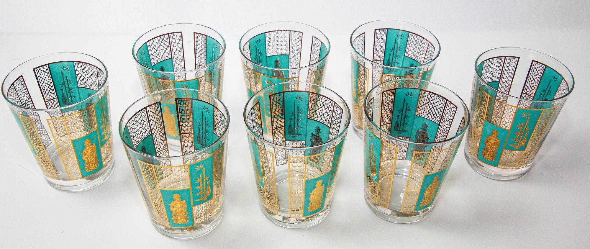 1960s Georges Briard 22 K Gold and Turquoise Asian Shoji Style Cocktail Glasses In Good Condition In North Hollywood, CA
