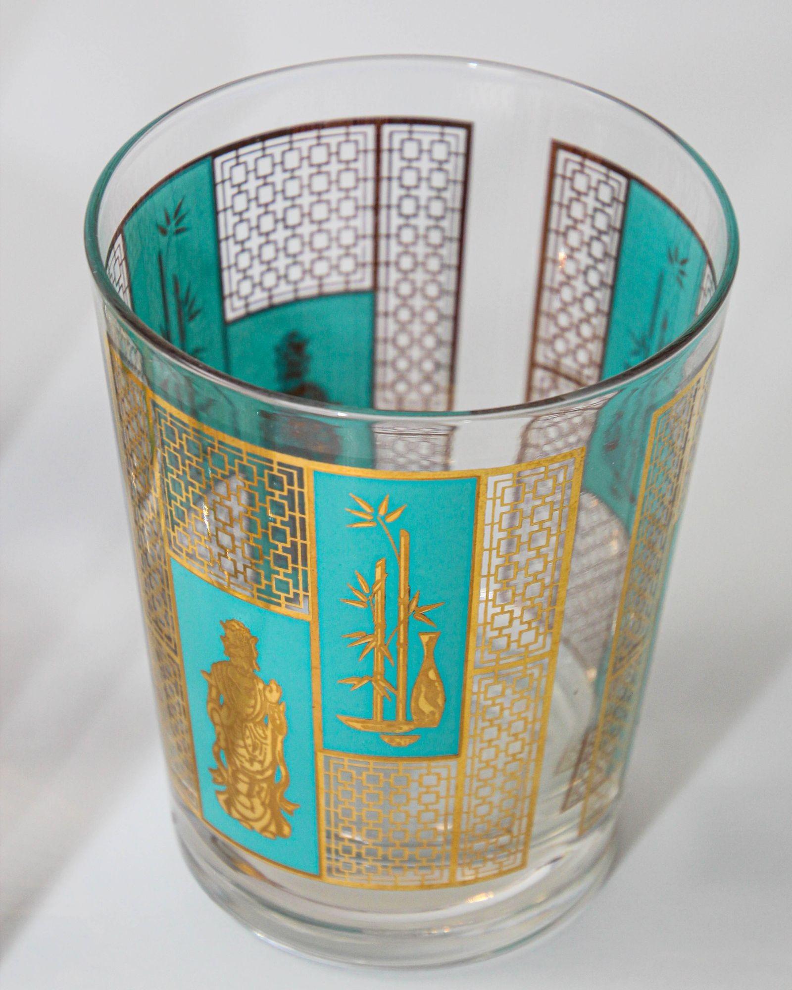 20th Century 1960s Georges Briard 22 K Gold and Turquoise Asian Shoji Style Cocktail Glasses