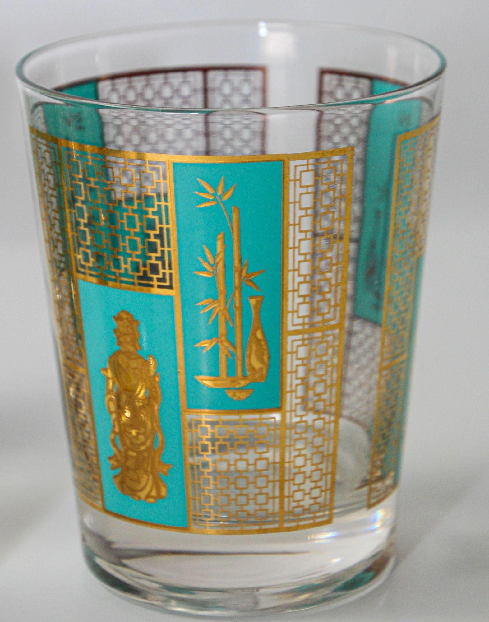 Art Glass 1960s Georges Briard 22 K Gold and Turquoise Asian Shoji Style Cocktail Glasses