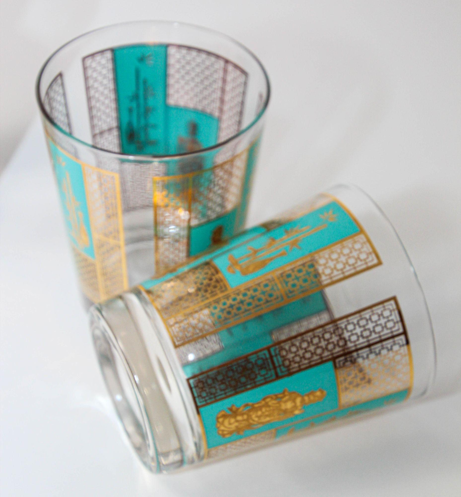 1960s Georges Briard 22 K Gold and Turquoise Asian Shoji Style Cocktail Glasses 1