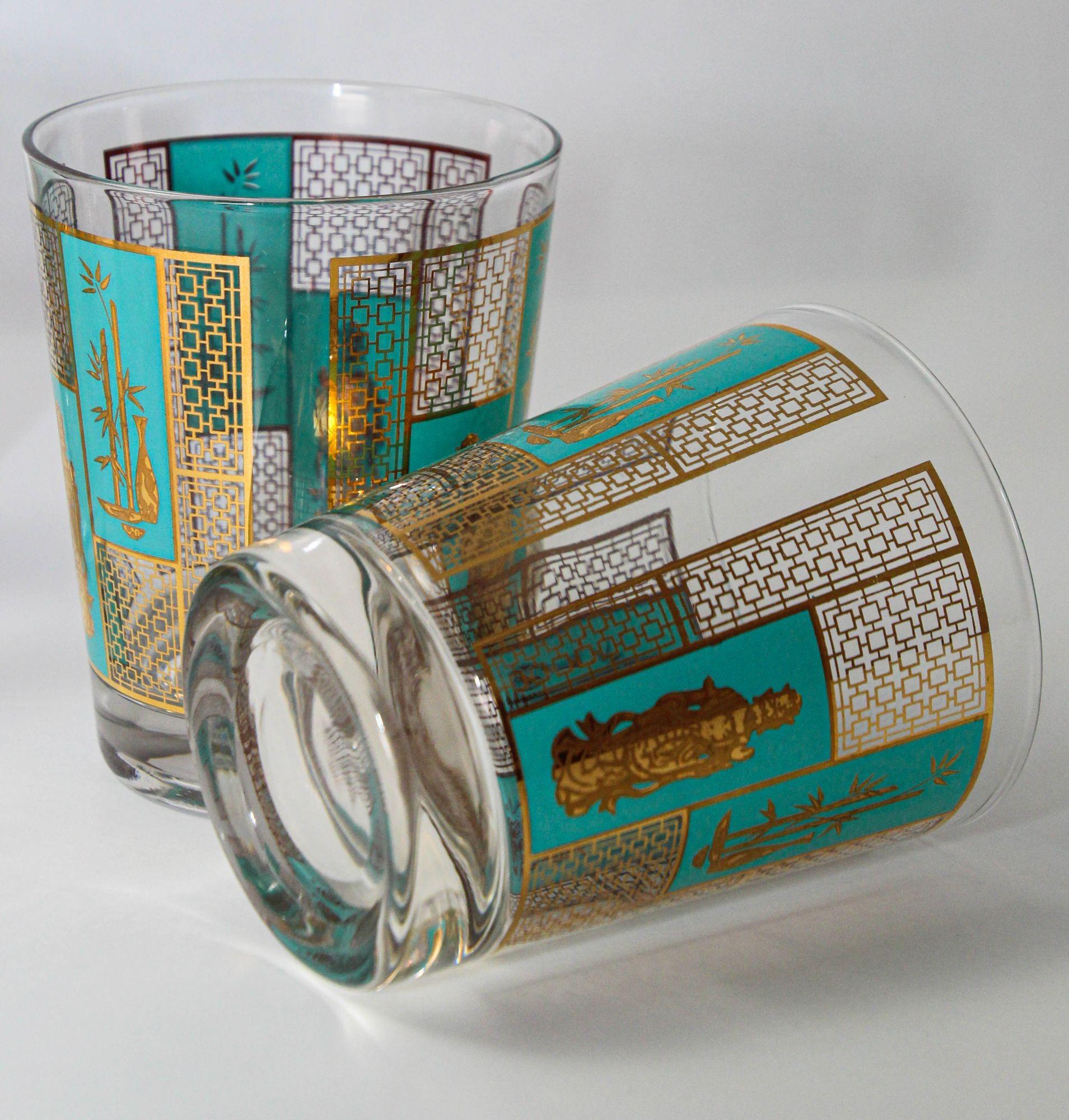 1960s Georges Briard 22 K Gold and Turquoise Asian Shoji Style Cocktail Glasses 2