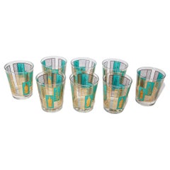 1960s Georges Briard 22 K Gold and Turquoise Asian Shoji Style Cocktail Glasses