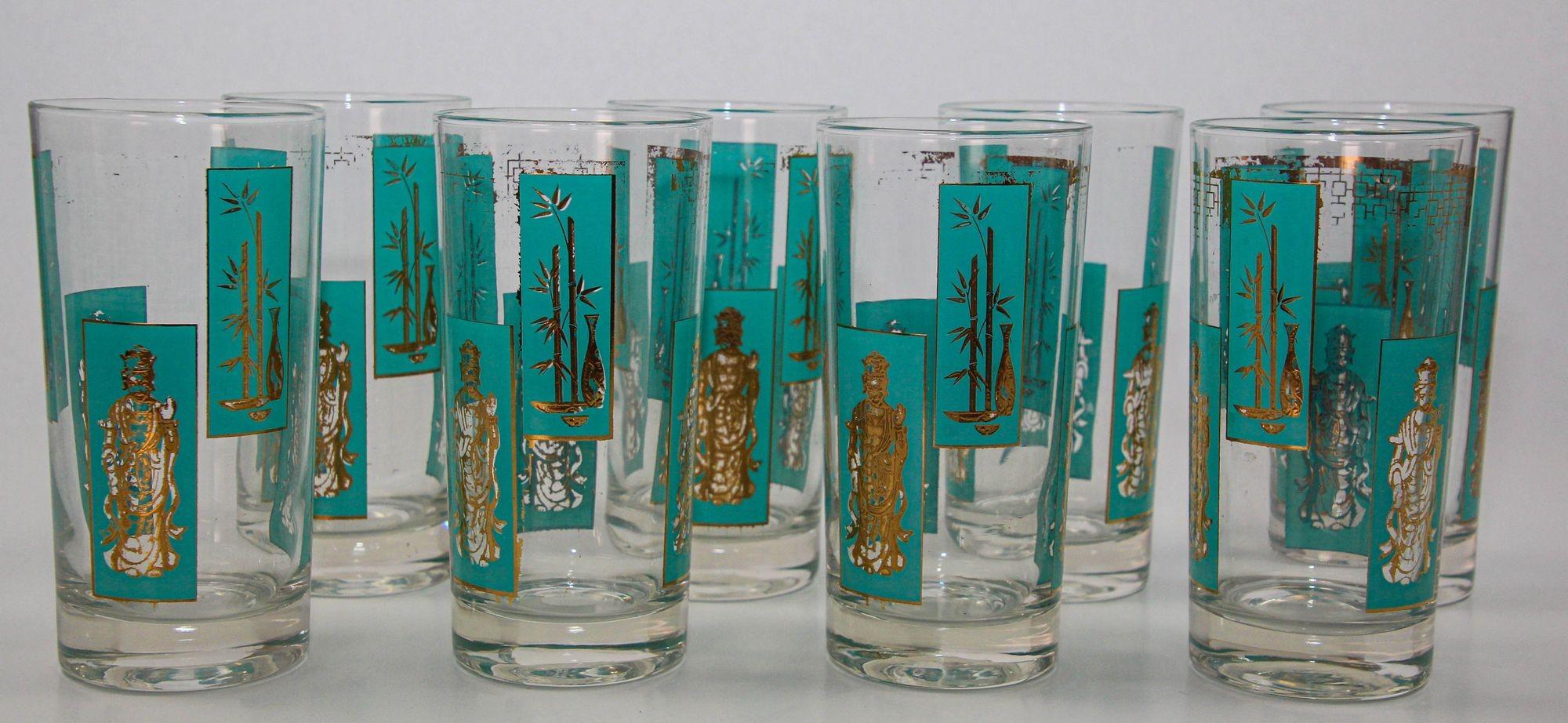 1960s Georges Briard 22 K Gold and Turquoise Asian Shoji Style Highball Glasses 3