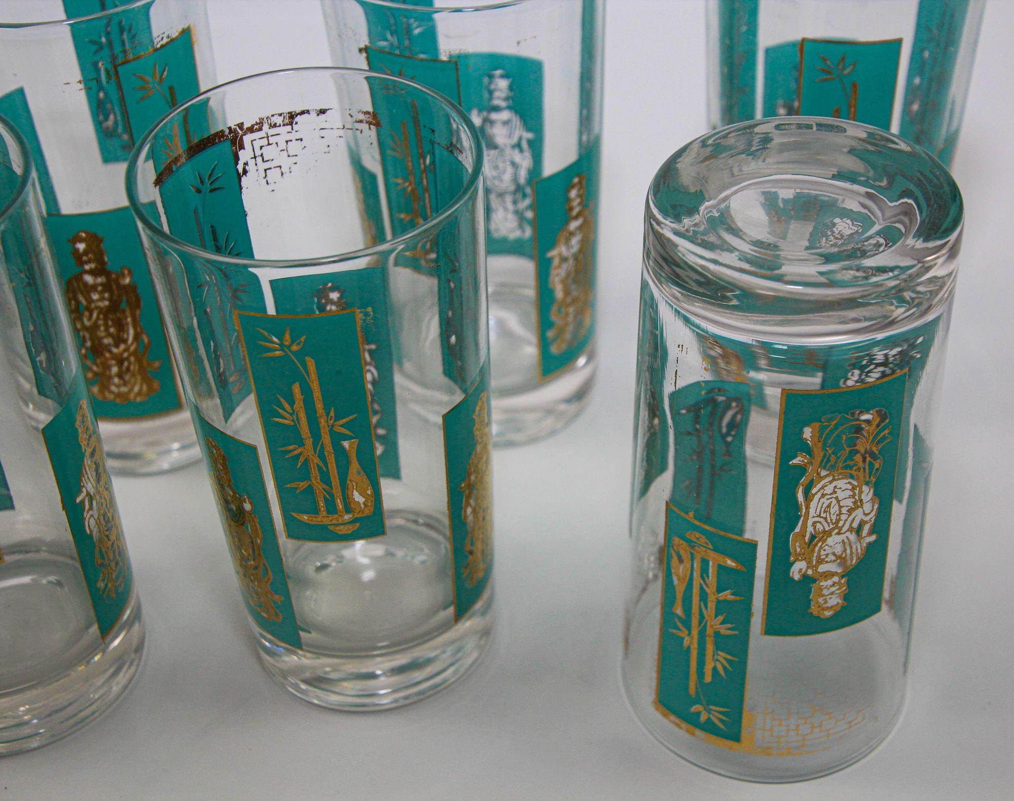 1960s Georges Briard 22 K Gold and Turquoise Asian Shoji Style Highball Glasses 4