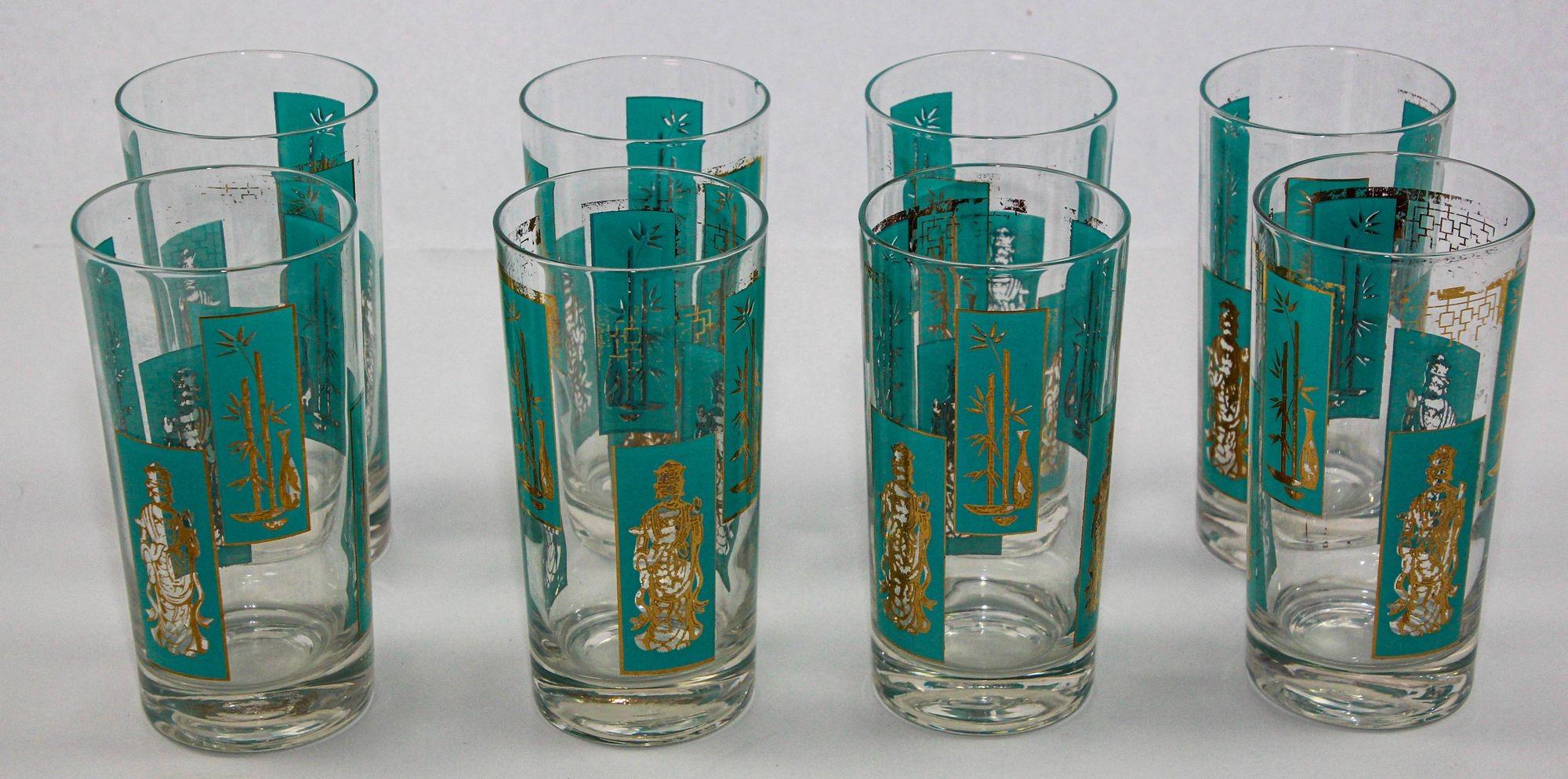 1960s Georges Briard 22 K Gold and Turquoise Asian Shoji Style Highball Glasses 5
