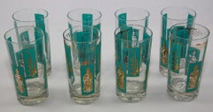 1960s Georges Briard 22 K Gold and Turquoise Asian Shoji Style Highball Glasses
