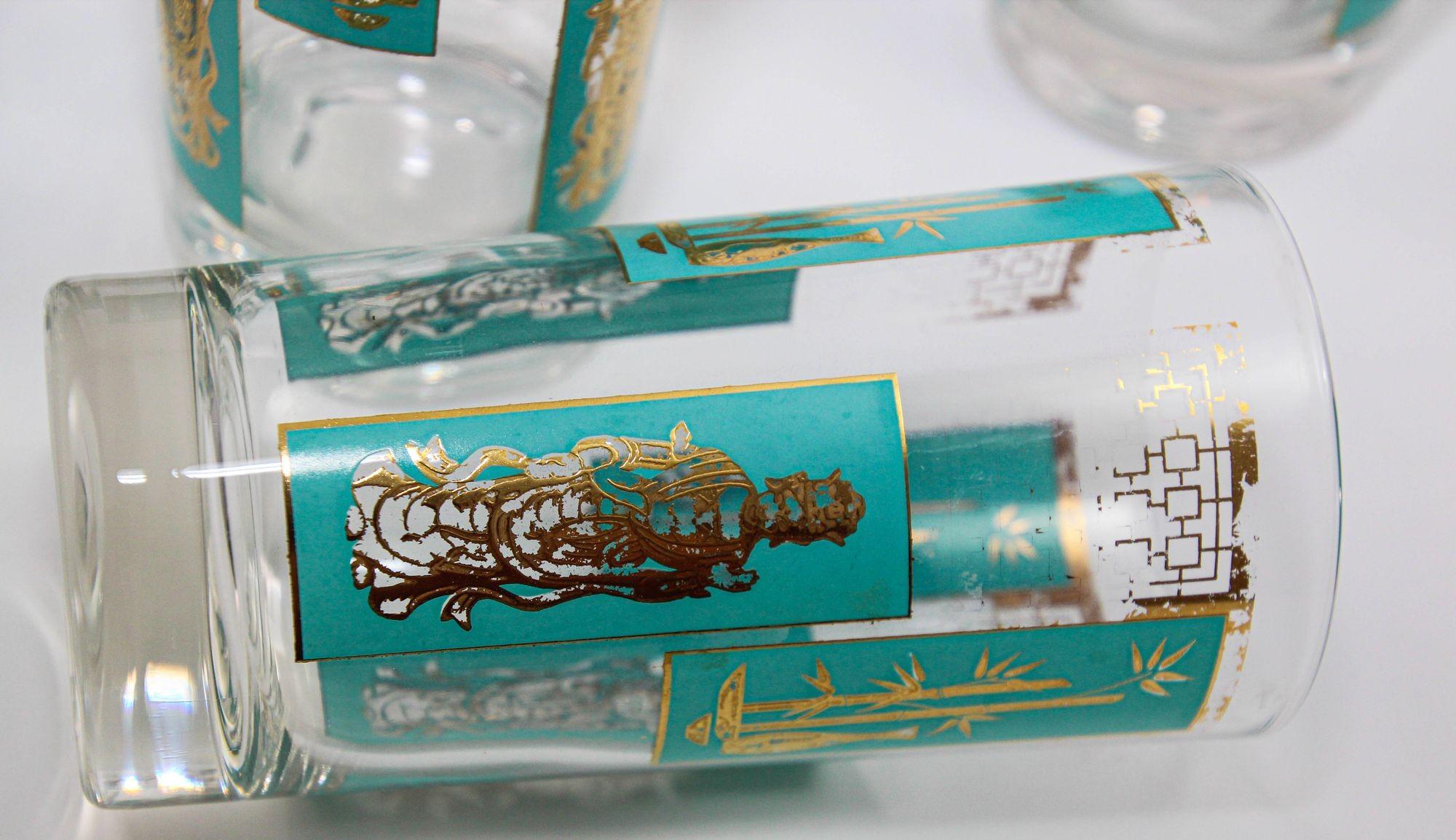 Hollywood Regency 1960s Georges Briard 22 K Gold and Turquoise Asian Shoji Style Highball Glasses