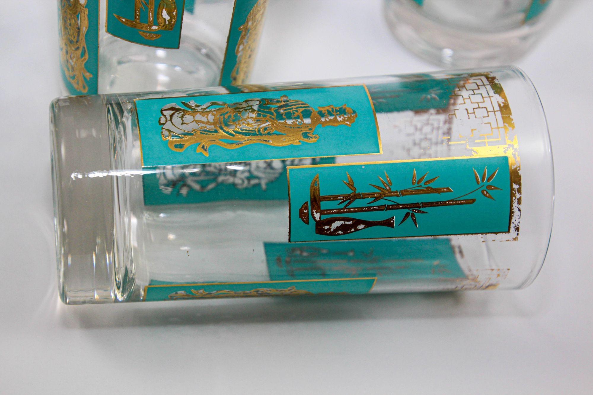 20th Century 1960s Georges Briard 22 K Gold and Turquoise Asian Shoji Style Highball Glasses