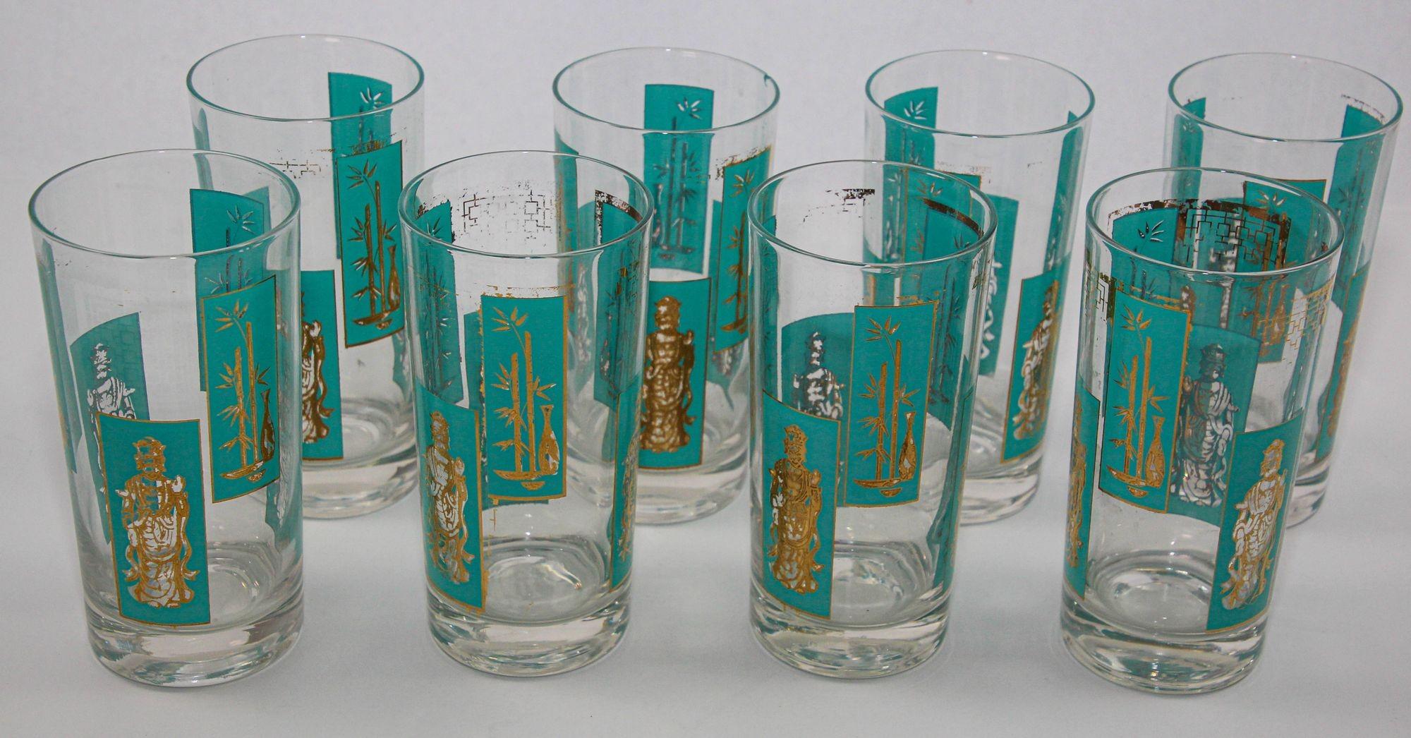 1960s Georges Briard 22 K Gold and Turquoise Asian Shoji Style Highball Glasses 1