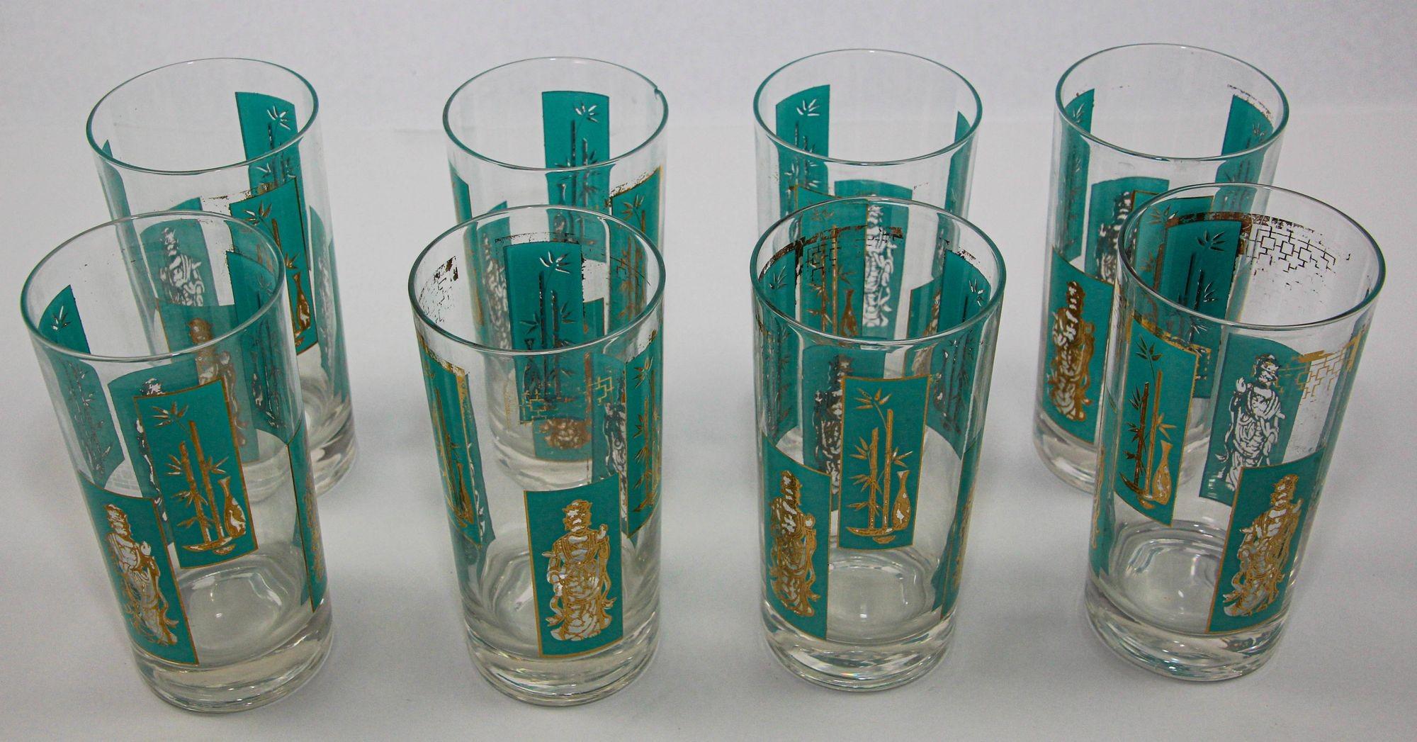 1960s Georges Briard 22 K Gold and Turquoise Asian Shoji Style Highball Glasses 2