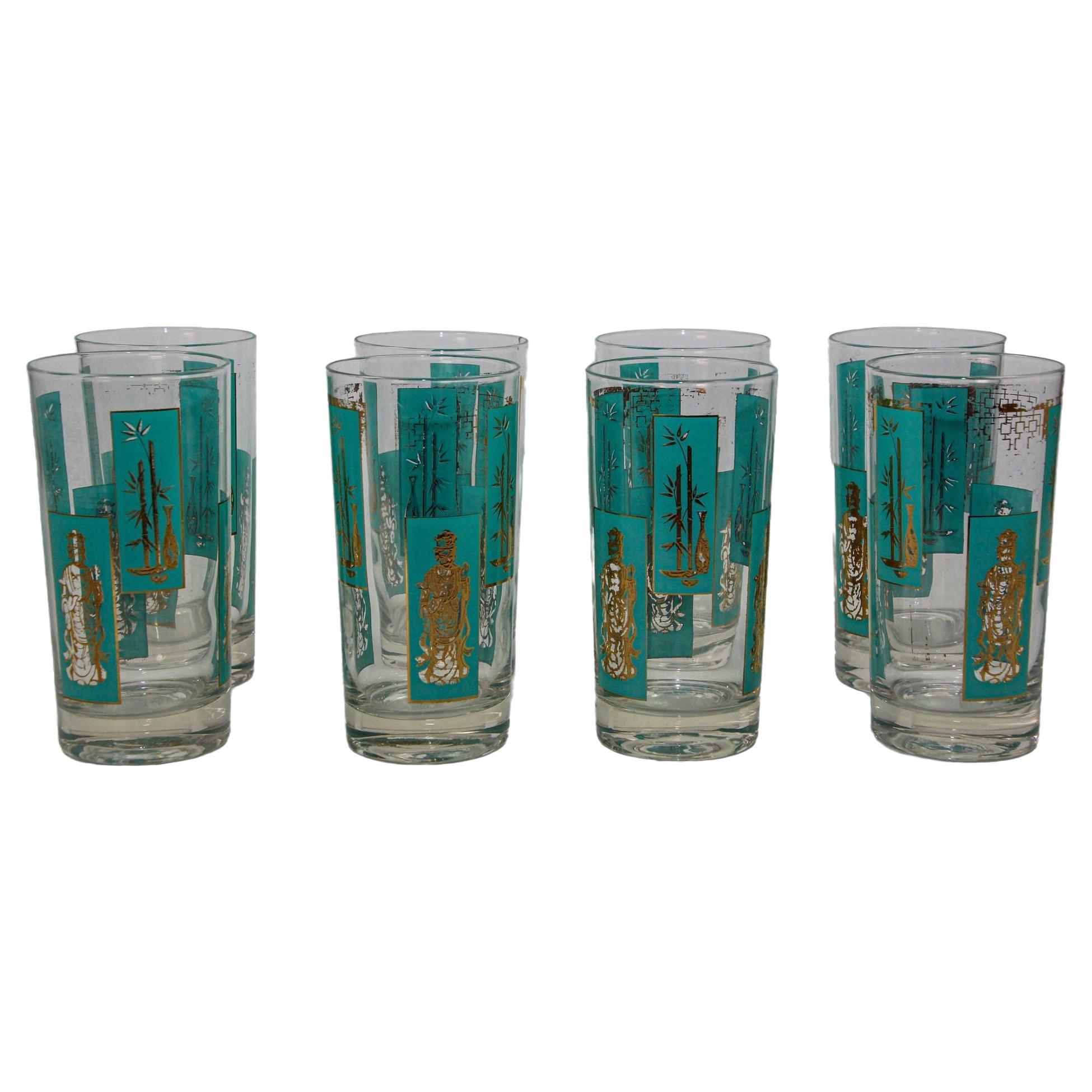 1960s Georges Briard 22 K Gold and Turquoise Asian Shoji Style Highball Glasses