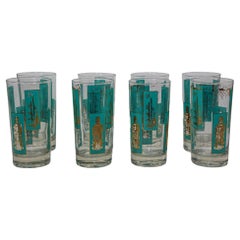 Vintage 1960s Georges Briard 22 K Gold and Turquoise Asian Shoji Style Highball Glasses