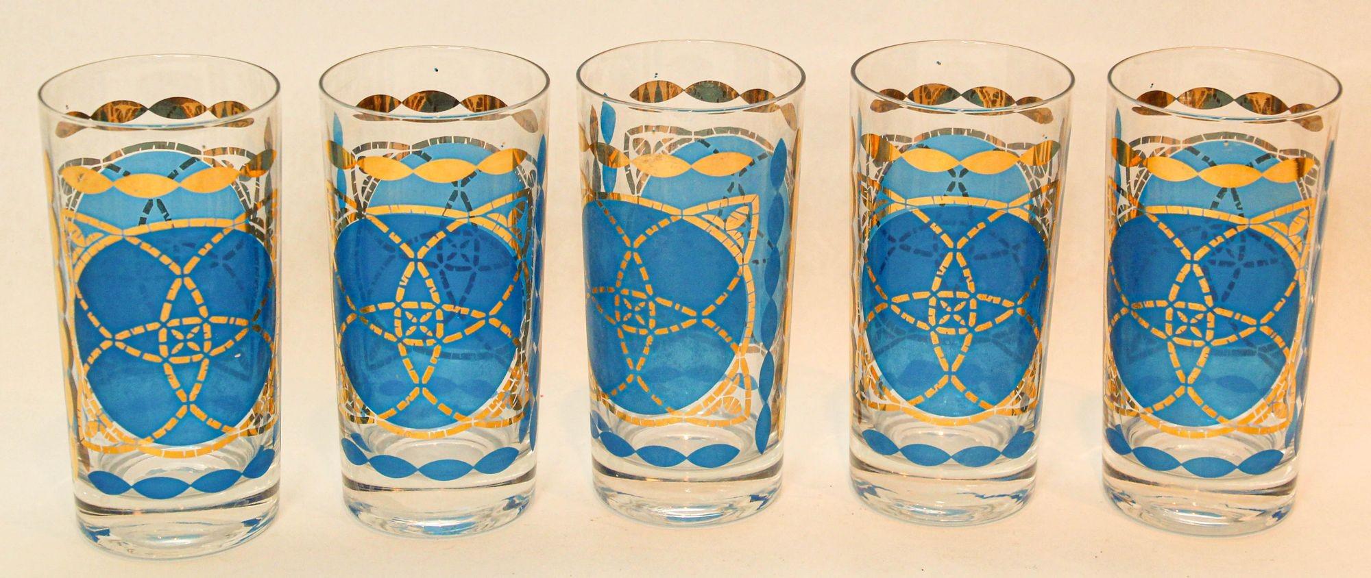 Hollywood Regency 1960s Georges Briard Highball Cocktail Glasses Blue and Gold Design Set of 5