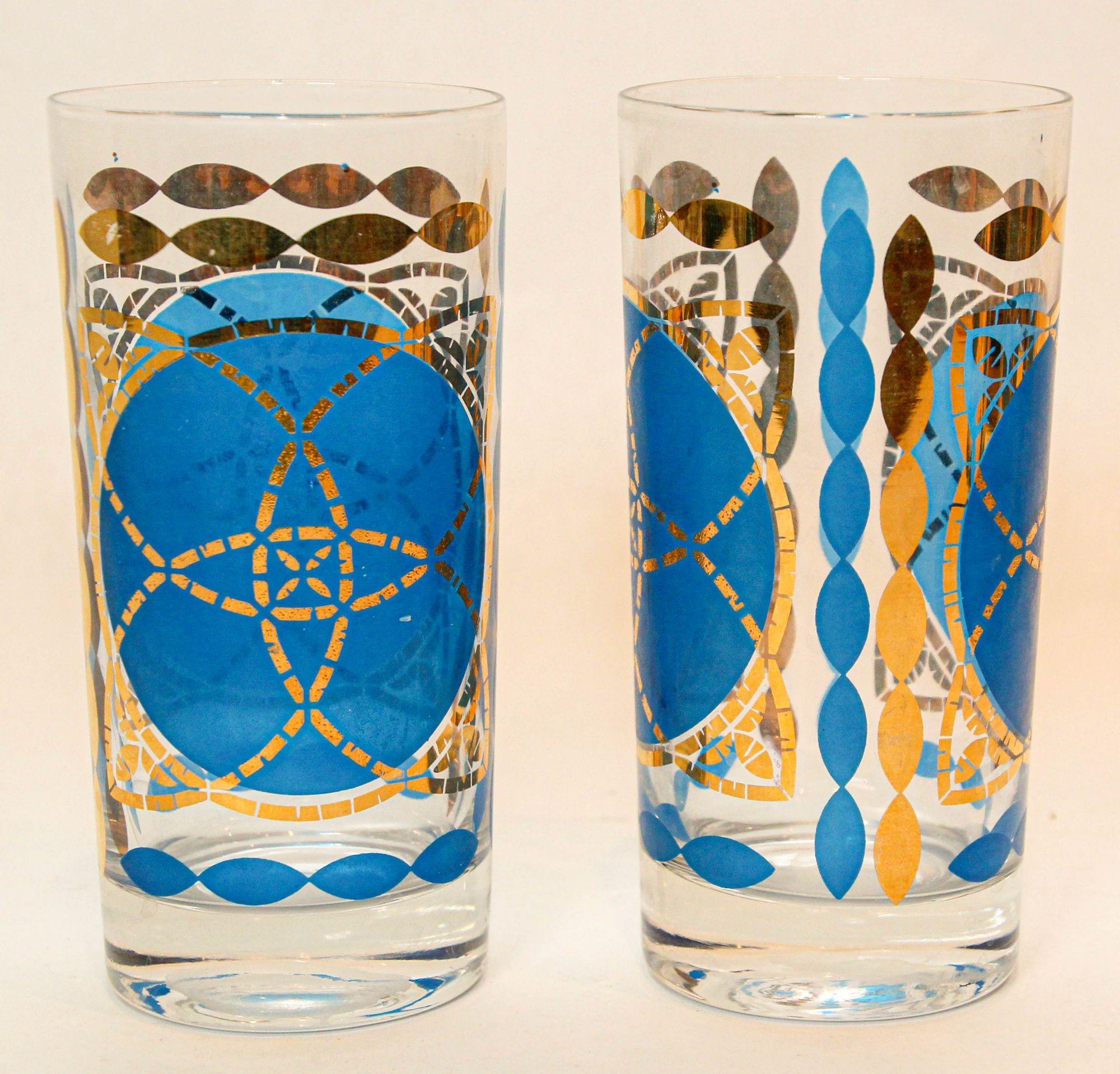 Enameled 1960s Georges Briard Highball Cocktail Glasses Blue and Gold Design Set of 5