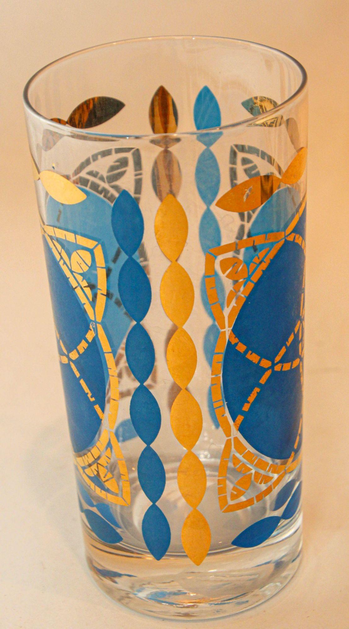 20th Century 1960s Georges Briard Highball Cocktail Glasses Blue and Gold Design Set of 5