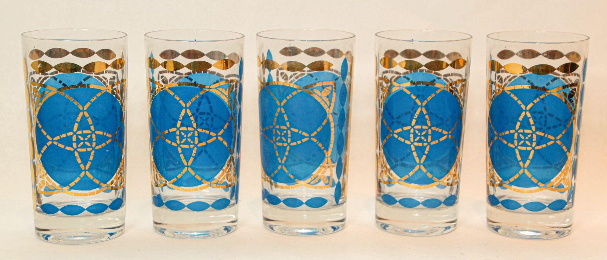 1960s Georges Briard Highball Cocktail Glasses Blue and Gold Design Set of 5 1
