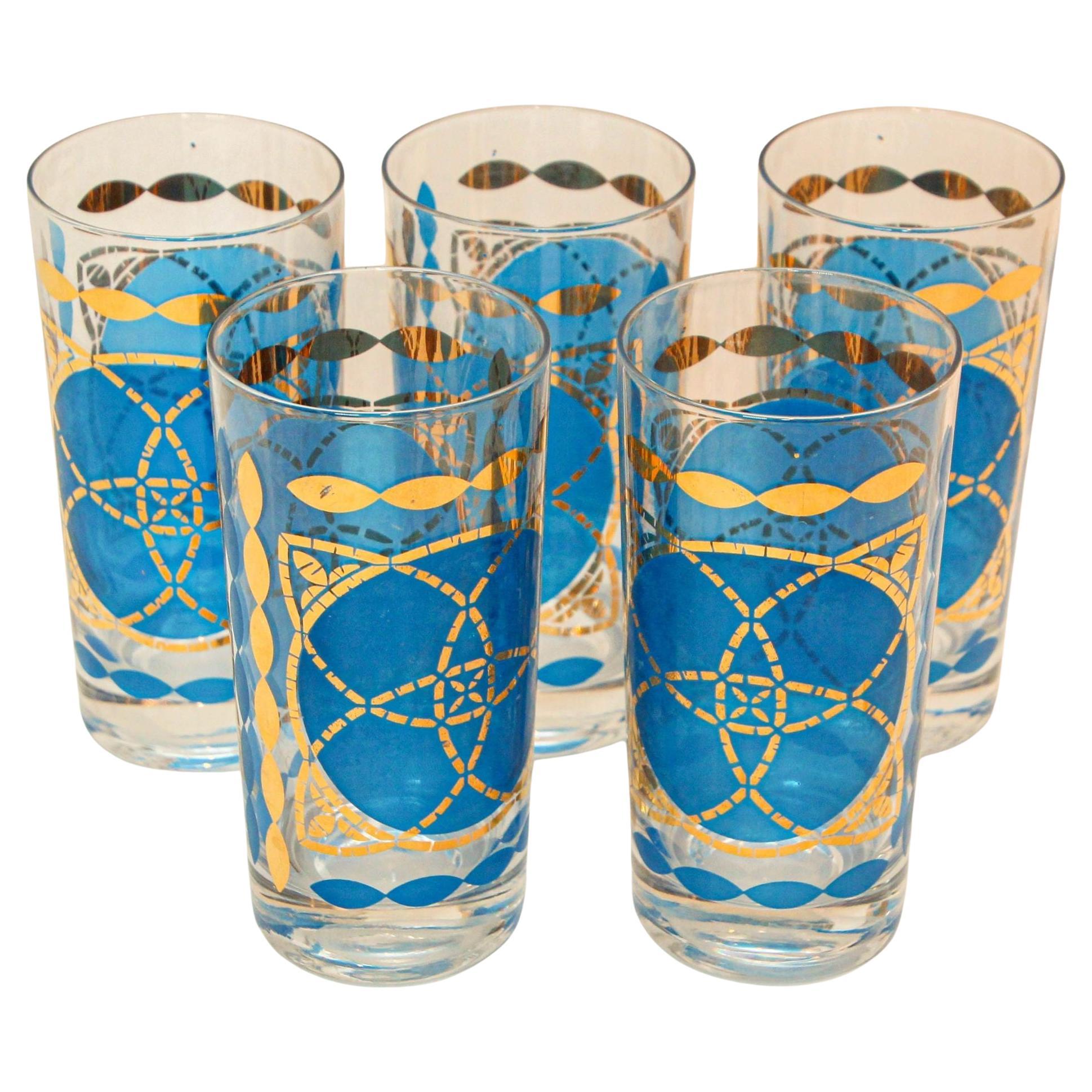 1960s Georges Briard Highball Cocktail Glasses Blue and Gold Design Set of 5