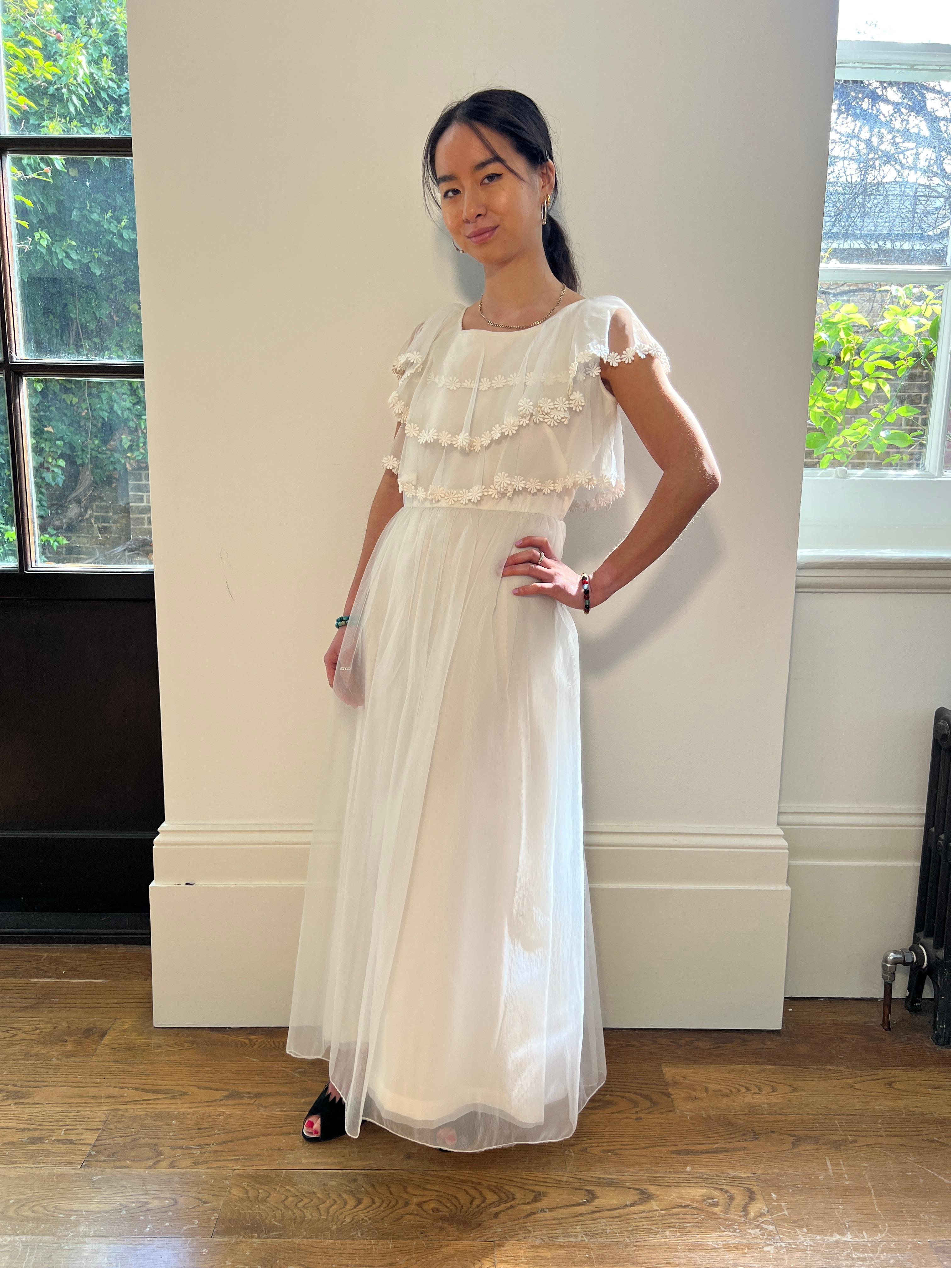 1960s Georgette Wedding Dress with Daisy Lace Trim For Sale 1