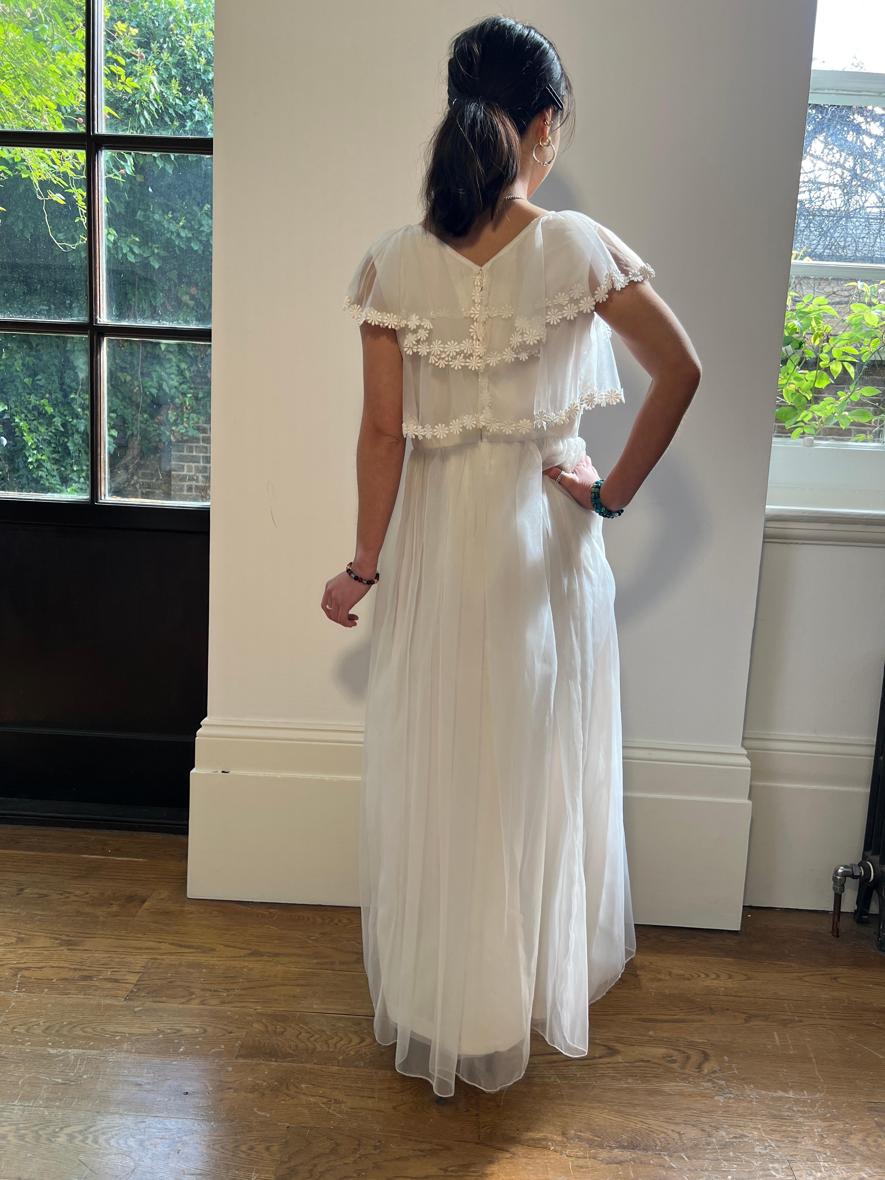 1960s Georgette Wedding Dress with Daisy Lace Trim For Sale 2