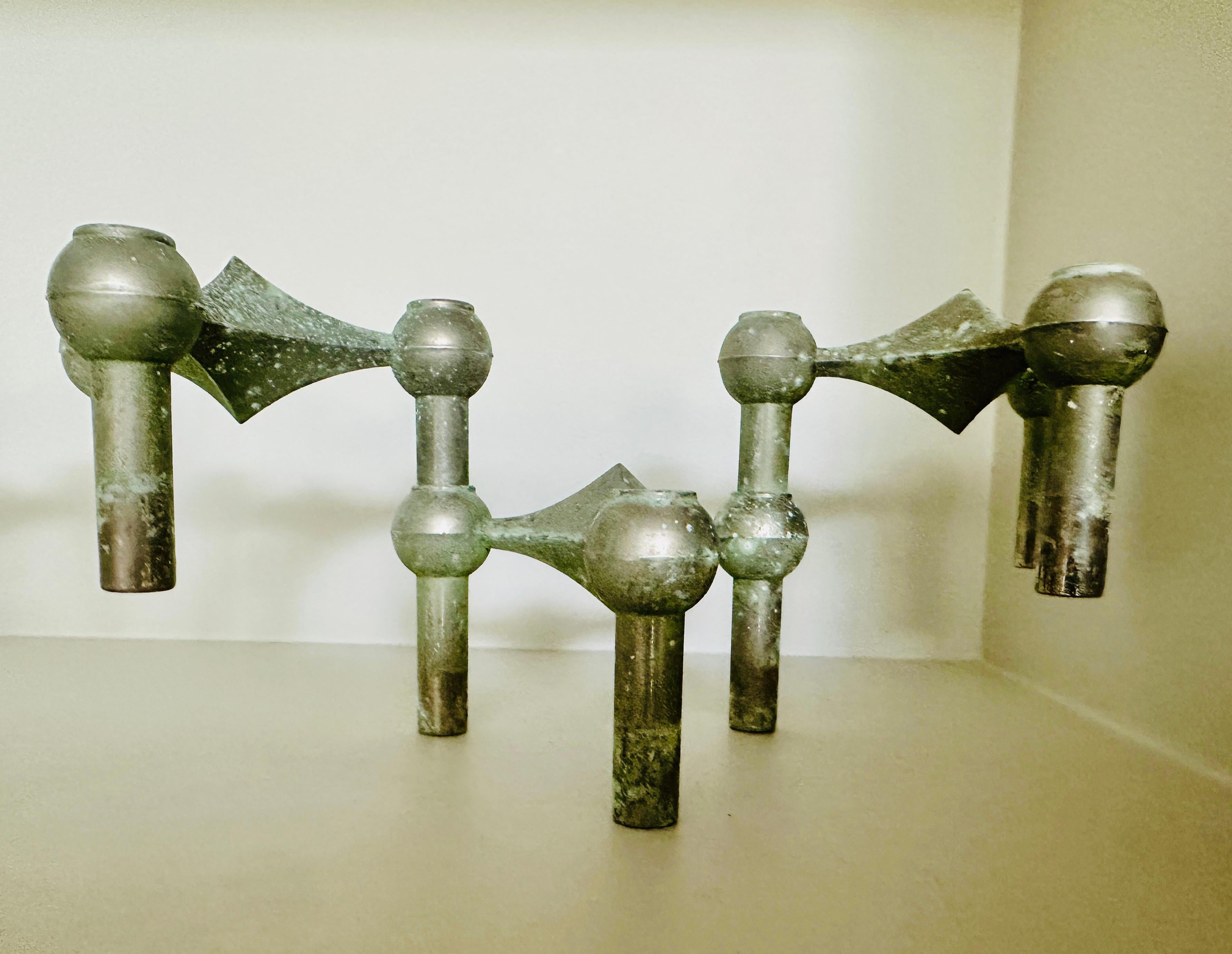 1960s German BMF Nagel Stackable Tarnished Oxidised Chrome Candle Holders In Distressed Condition For Sale In London, England